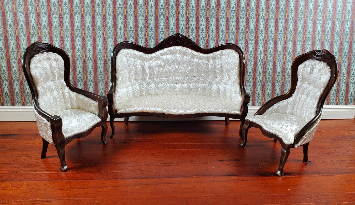 Dollhouse Miniature Victorian Living Room Set Sofa Chairs 1:12 Scale Furniture Walnut Finish - Miniature Crush