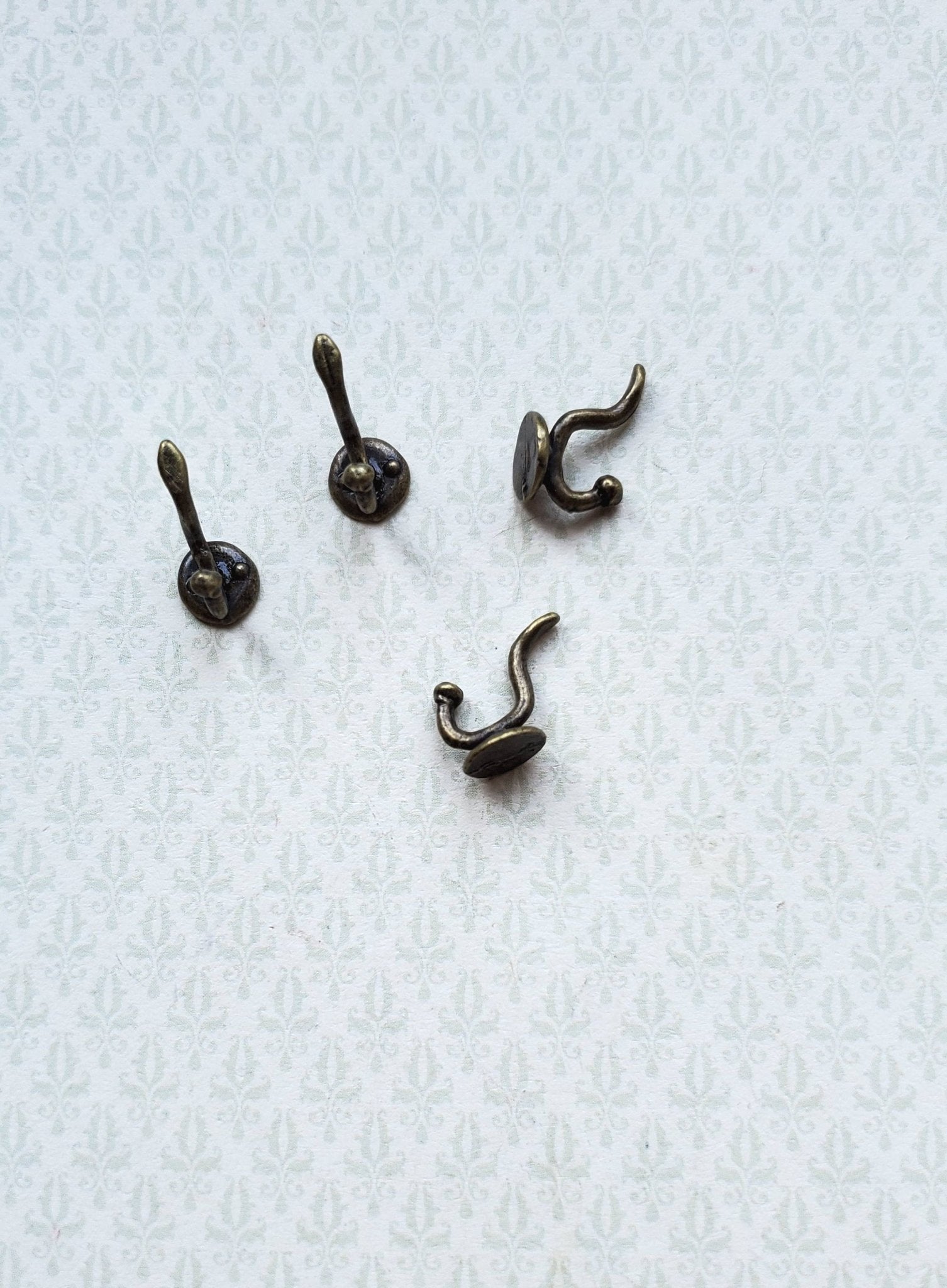 Dollhouse Miniature Wall Hooks Set of 4 Metal 1:12 Scale Antique Brass Finish - Miniature Crush