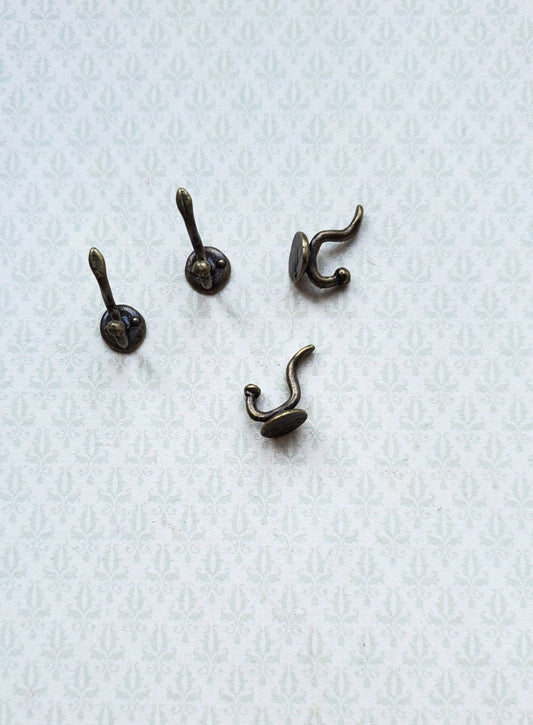 Dollhouse Miniature Wall Hooks Set of 4 Metal 1:12 Scale Antique Brass Finish - Miniature Crush