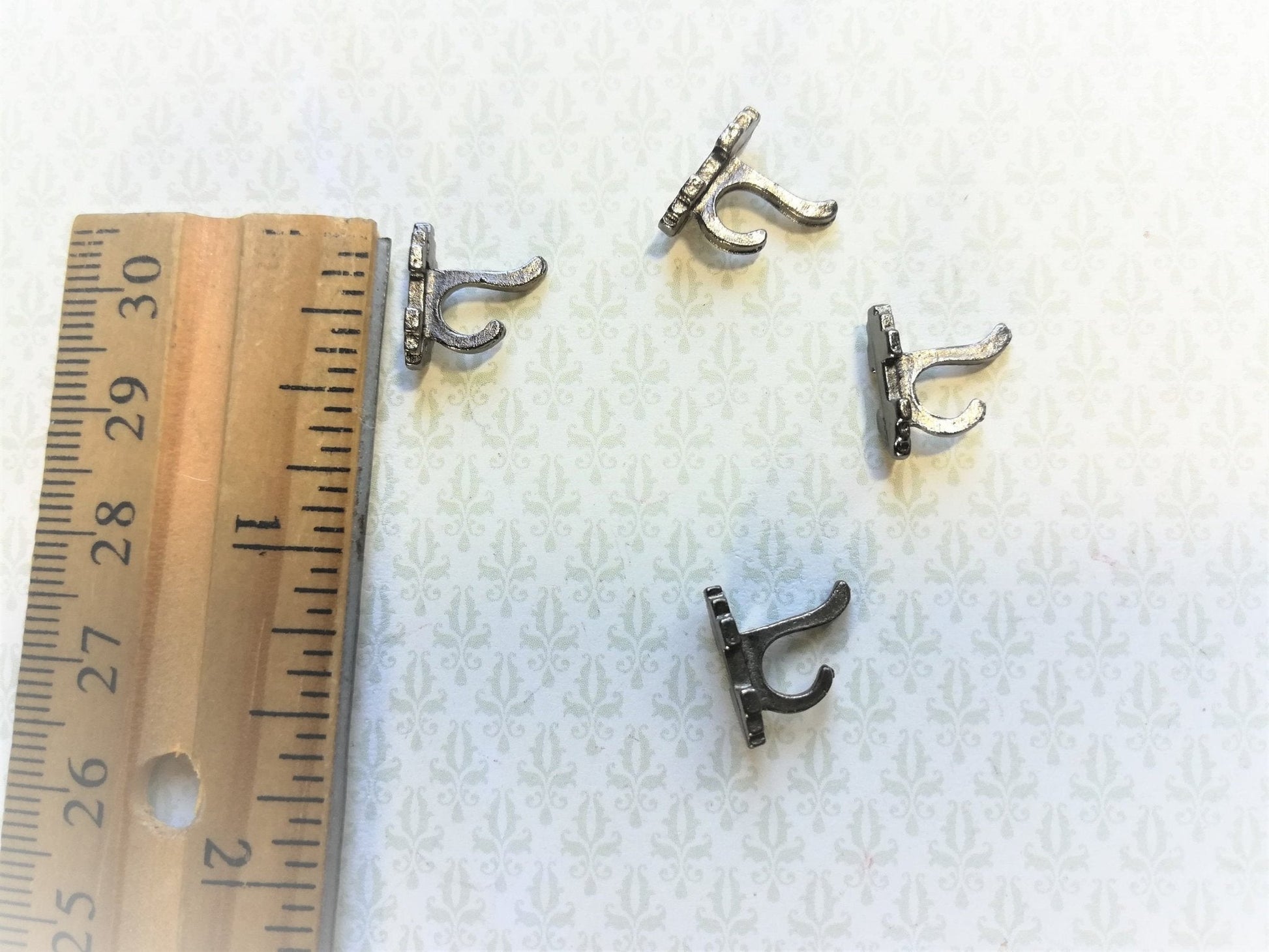 Dollhouse Miniature Wall Hooks Set of 4 Metal 1:12 Scale Pewter Finish 1/2" - Miniature Crush