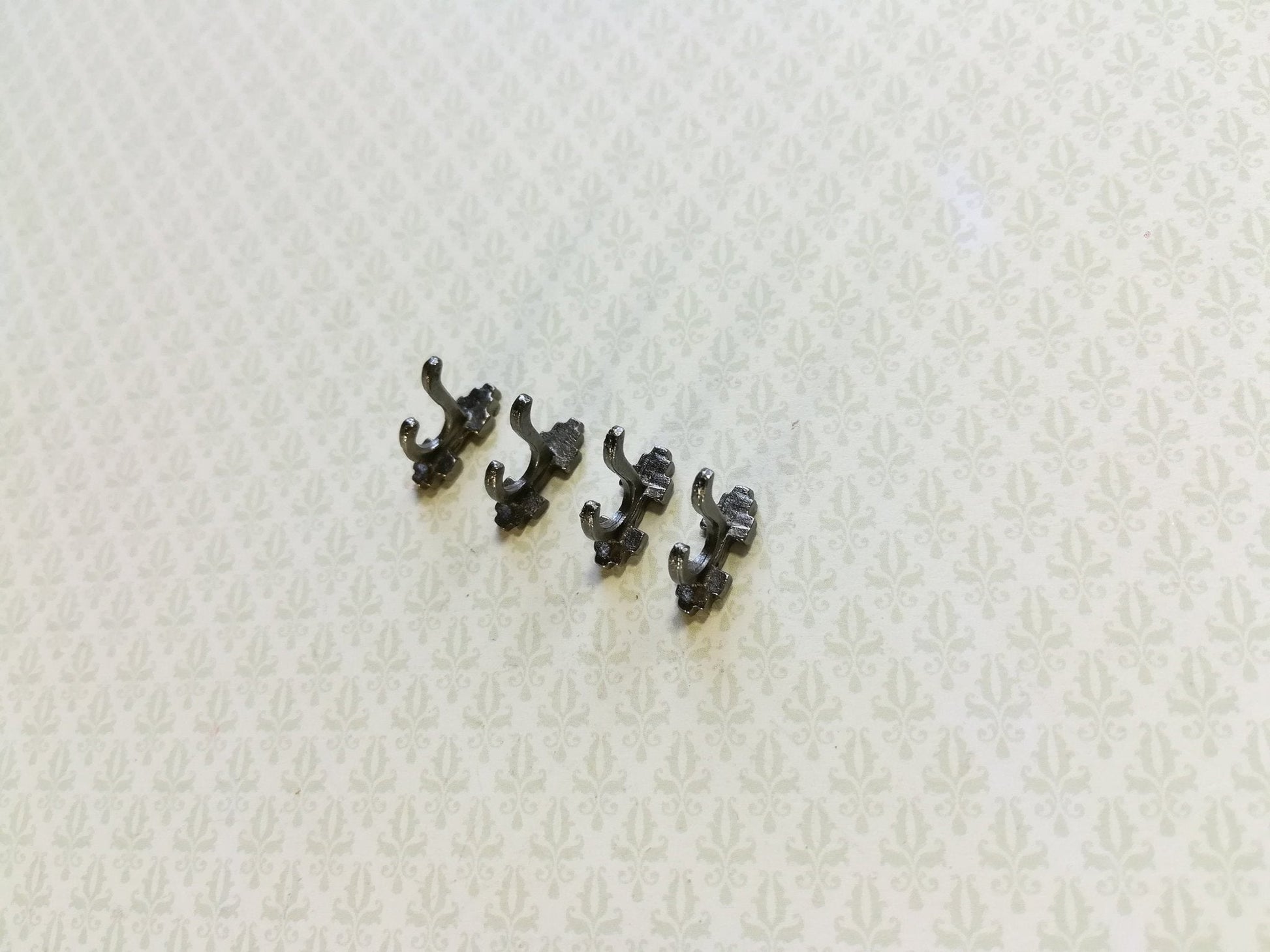 Dollhouse Miniature Wall Hooks Set of 4 Metal 1:12 Scale Pewter Finish 1/2" - Miniature Crush