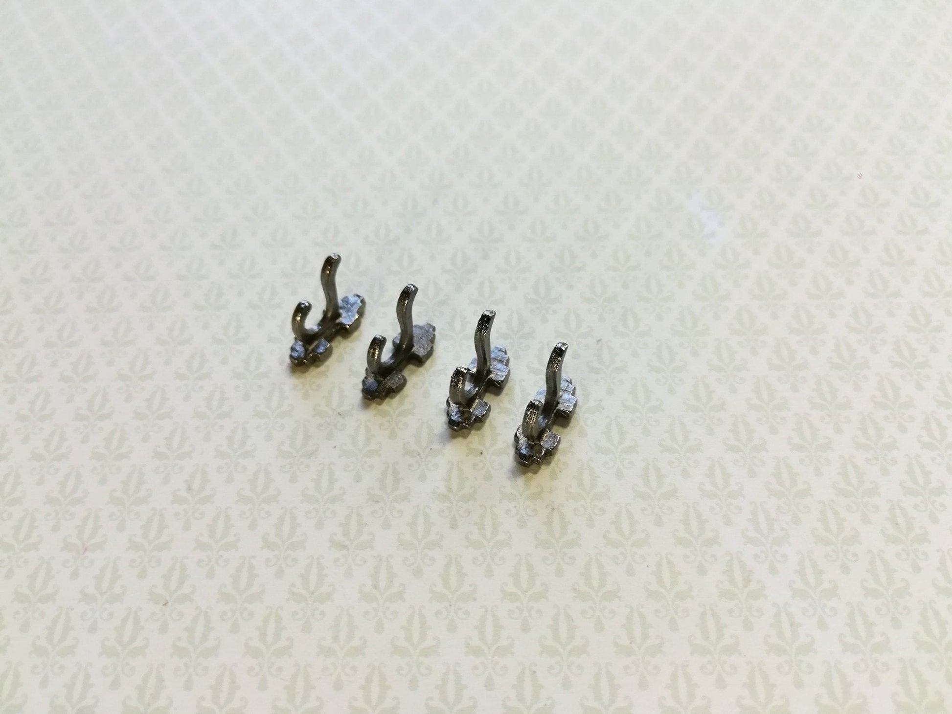 Dollhouse Miniature Wall Hooks Set of 4 Metal 1:12 Scale Pewter Finish 1/2" - Miniature Crush