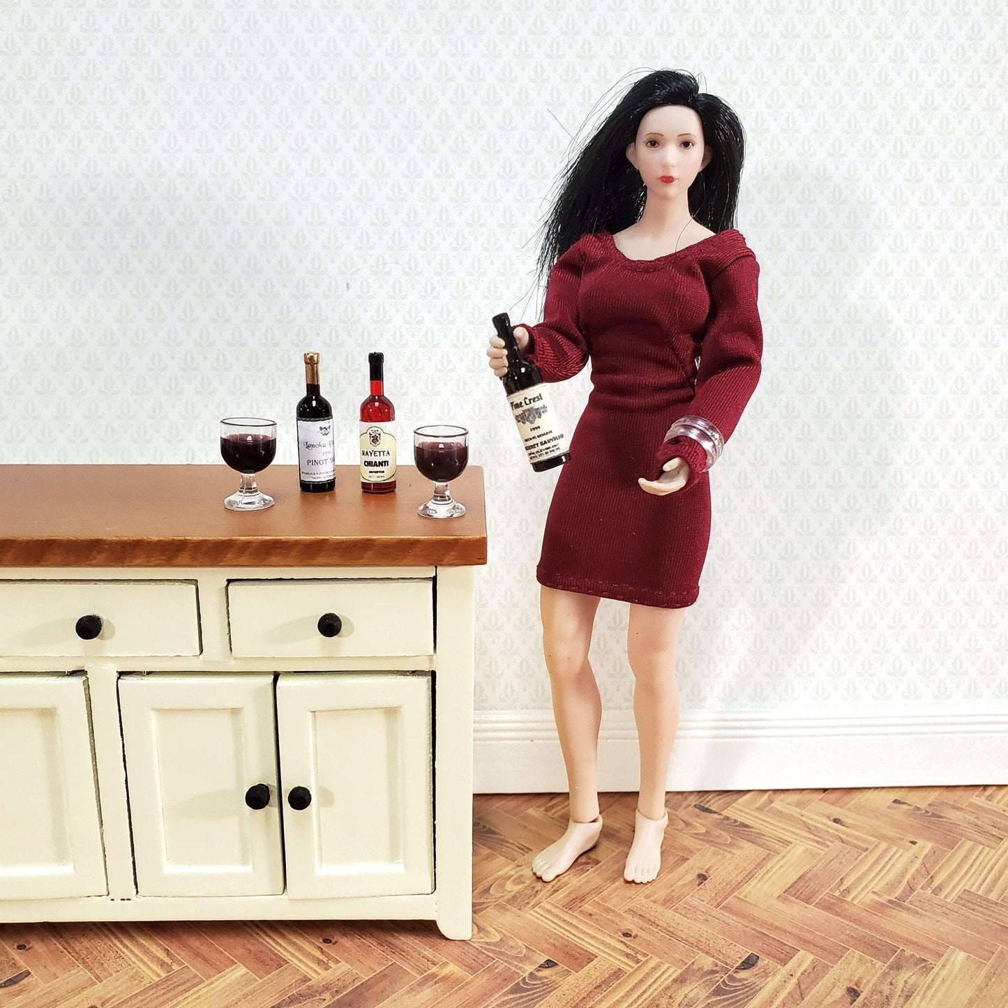 Dollhouse Miniature Wine Bottles x3 Red Pinot Noir & Chianti 1:12 Scale Kitchen - Miniature Crush