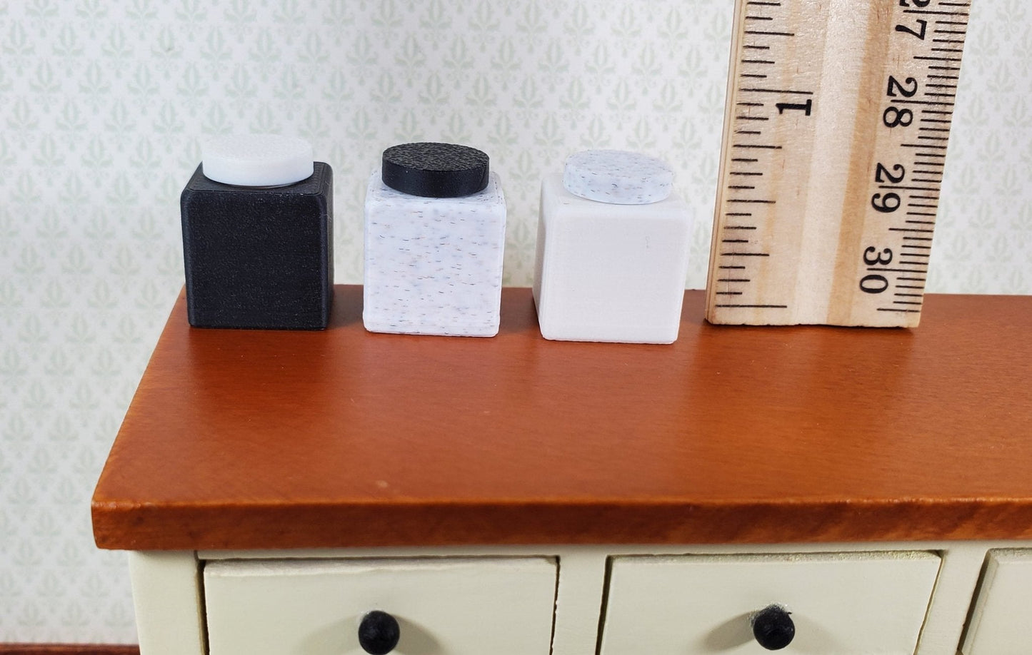 Dollhouse Modern Jars Black White Stone Set of 3 Choose From 3 Styles Removable Exchangeable Lids 1:12 Scale - Miniature Crush
