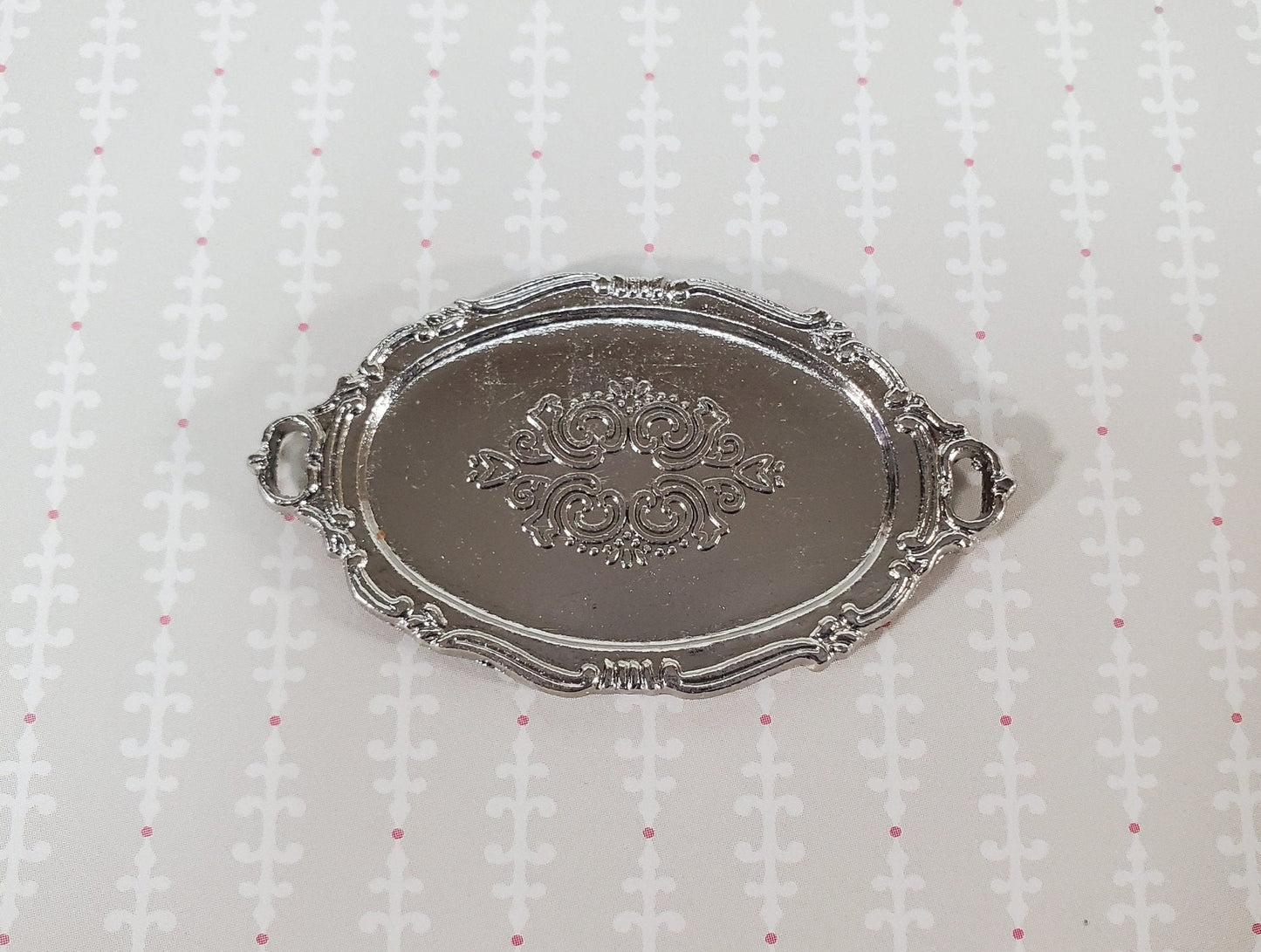 Dollhouse Oval Silver Tray Platter with Handles Large 1:12 Scale Miniature Accessory - Miniature Crush