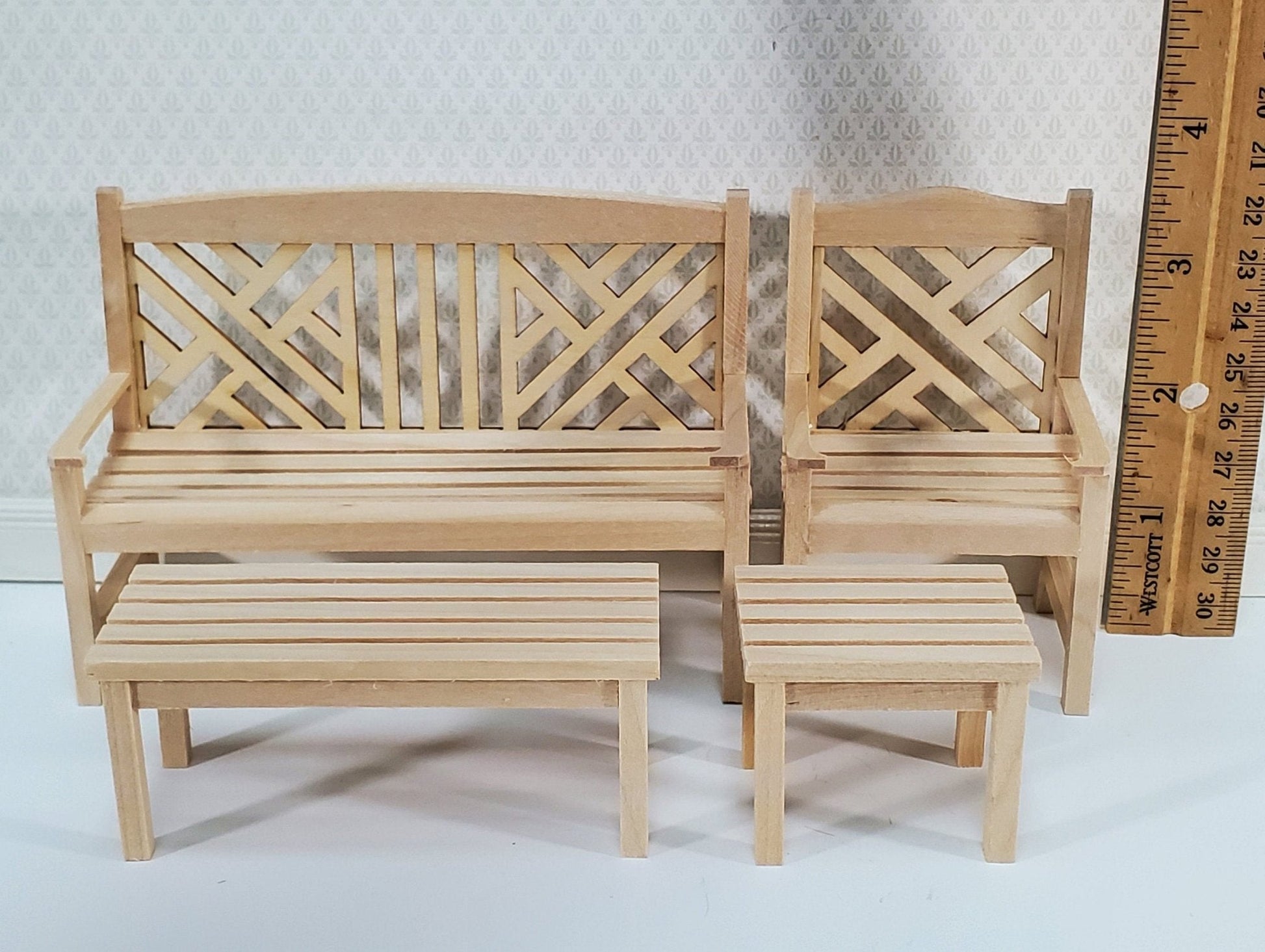 Dollhouse Patio Porch Set Chair Bench Tables Unpainted Wood 1:12 Scale Miniature Furniture - Miniature Crush
