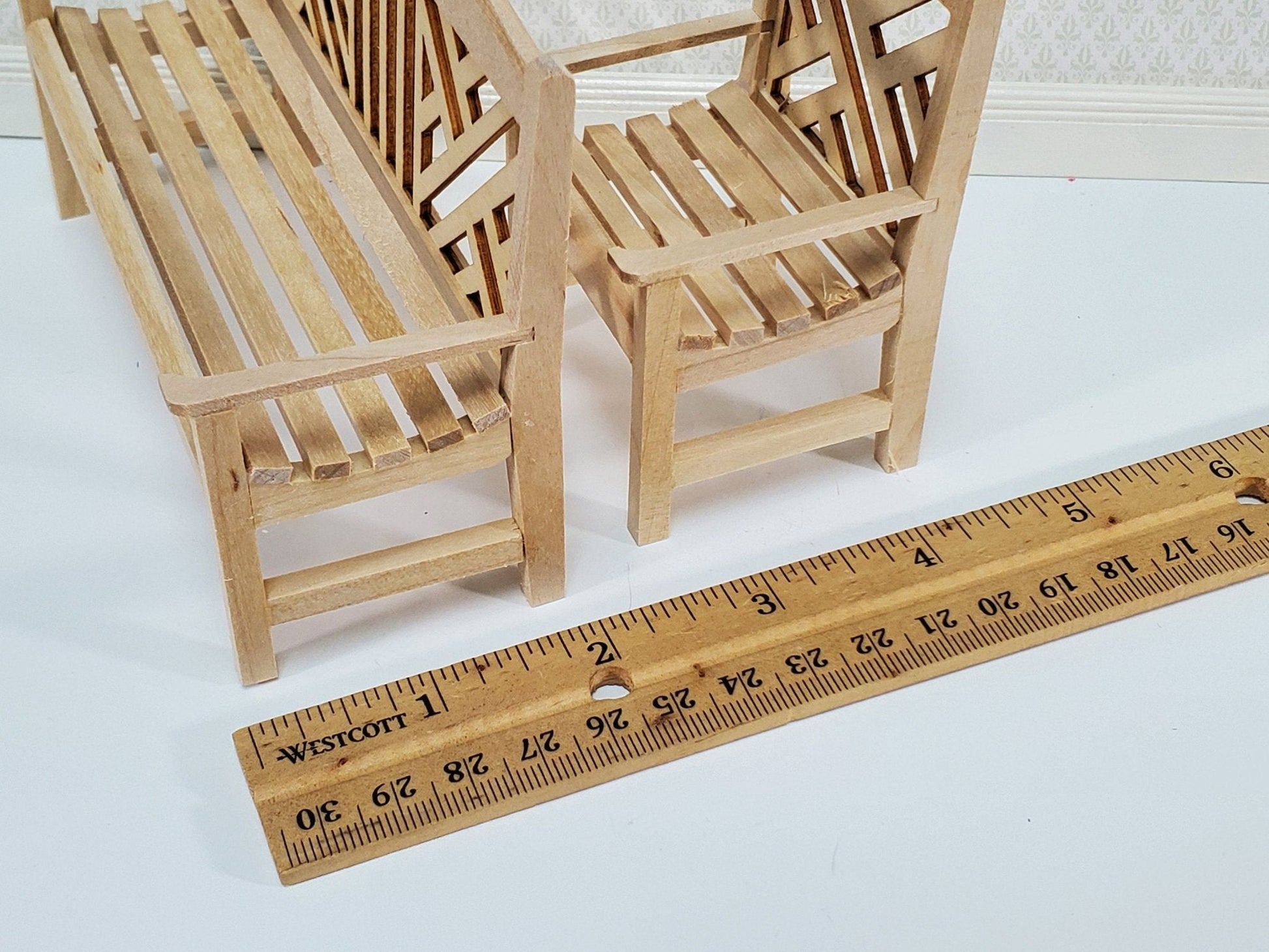 Dollhouse Patio Porch Set Chair Bench Tables Unpainted Wood 1:12 Scale Miniature Furniture - Miniature Crush