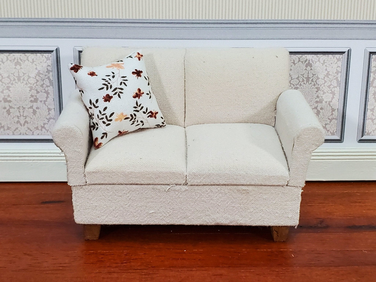 Dollhouse Pillow Floral Print White Brown Green Handmade 1:12 Scale Miniature 1 1/2" - Miniature Crush