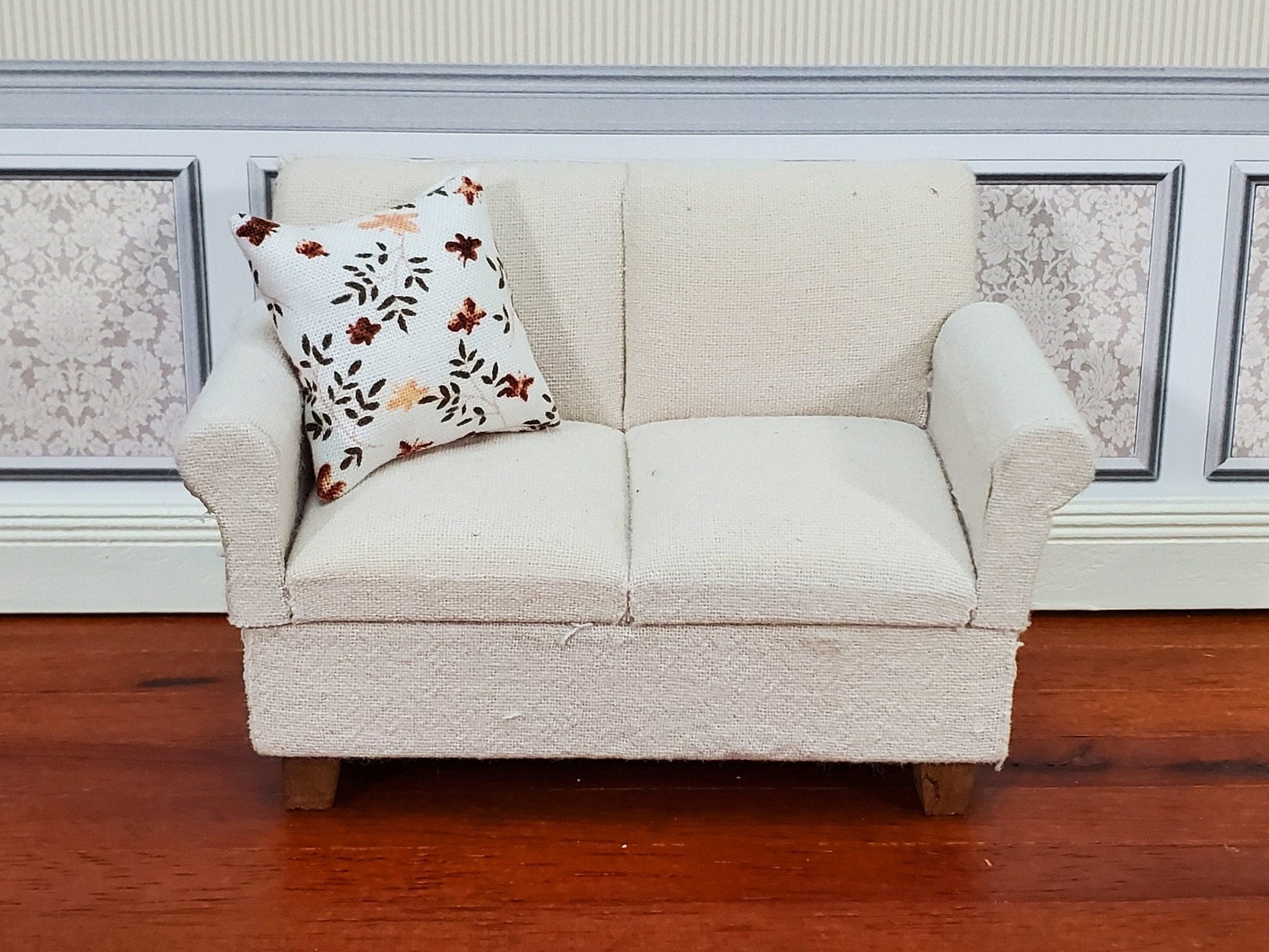 Dollhouse Pillow Floral Print White Brown Green Handmade 1:12 Scale Miniature 1 1/2" - Miniature Crush