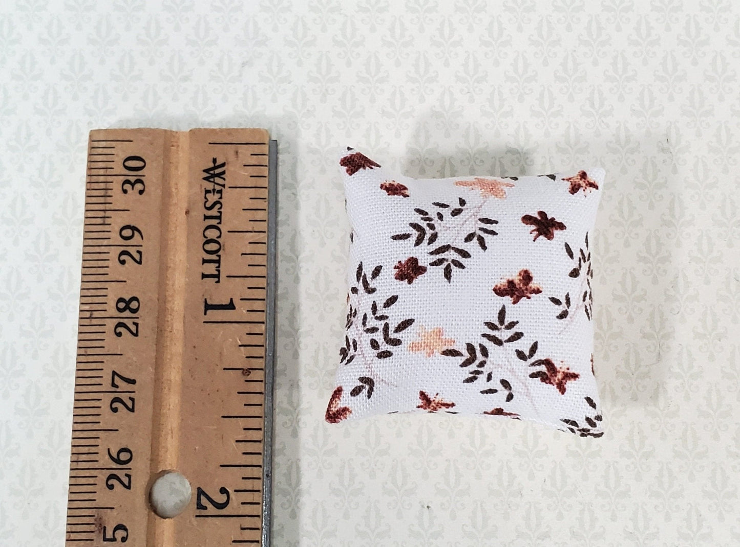 Dollhouse Pillow Floral Print White Brown Green Handmade 1:12 Scale Miniature 1 1/2" - Miniature Crush