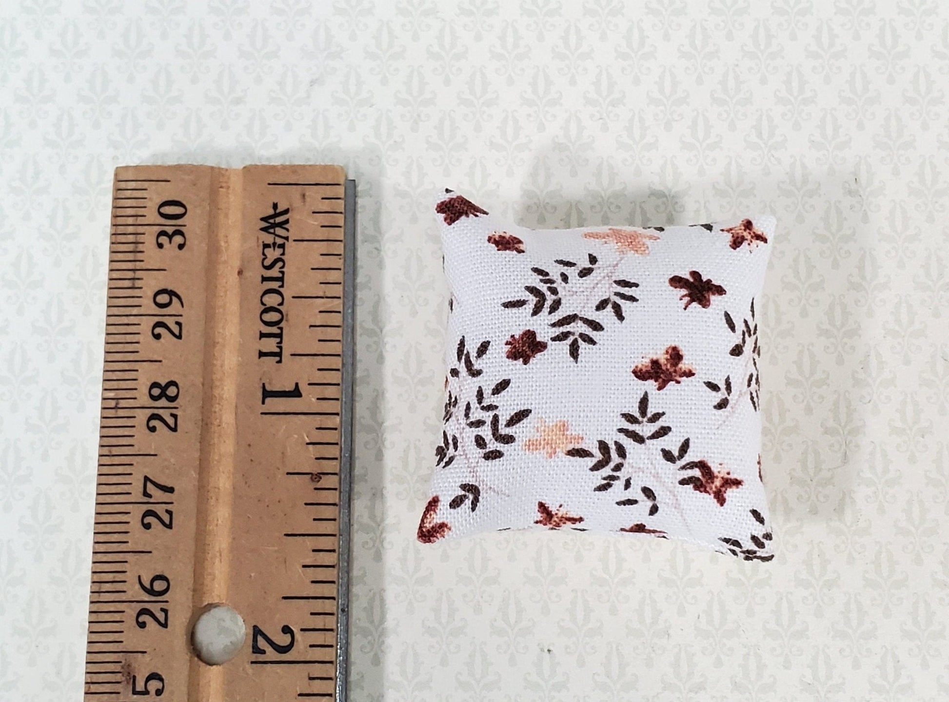 Dollhouse Pillow Floral Print White Brown Green Handmade 1:12 Scale Miniature 1 1/2" - Miniature Crush