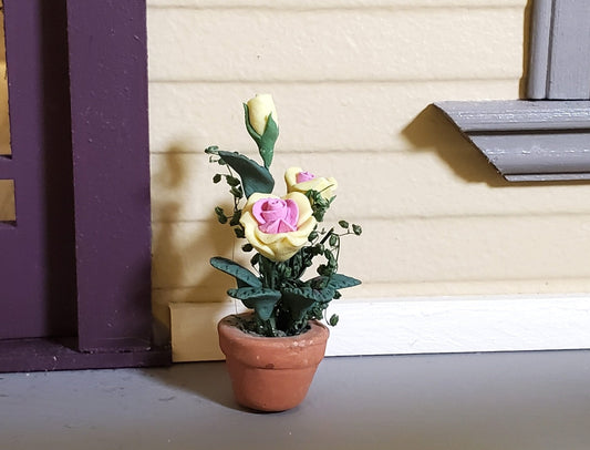 Dollhouse Pink and Yellow Roses Flowers Potted in Terra Cotta Pot 1:12 Scale - Miniature Crush