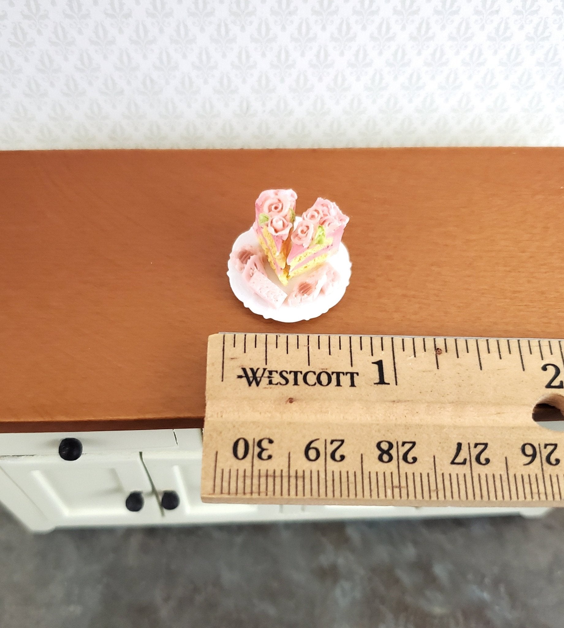 Dollhouse Pink Cake 2 Slices with Cookies on a Plate 1:12 Scale Dessert Food by Falcon - Miniature Crush