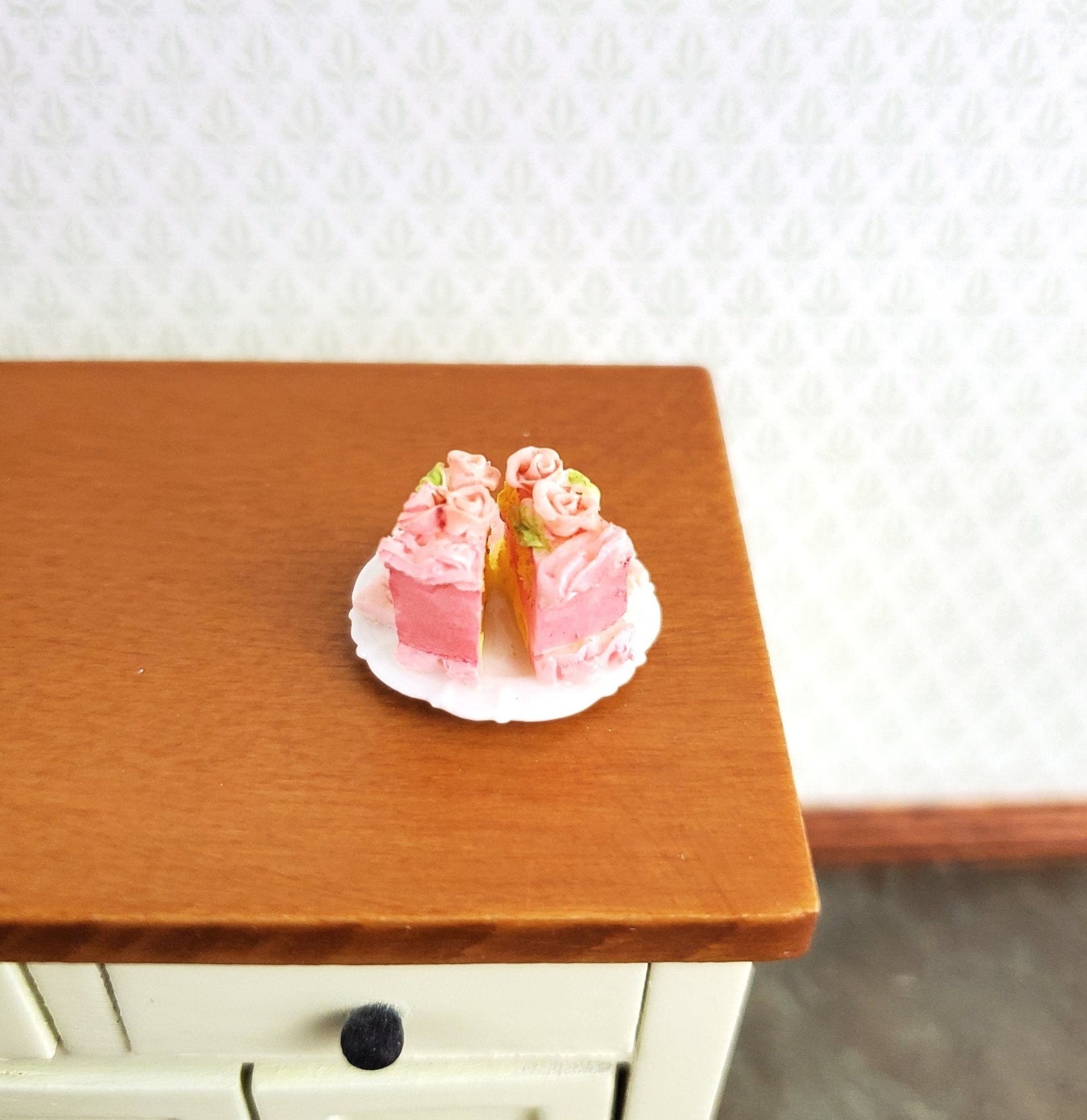 Dollhouse Pink Cake 2 Slices with Cookies on a Plate 1:12 Scale Dessert Food by Falcon - Miniature Crush