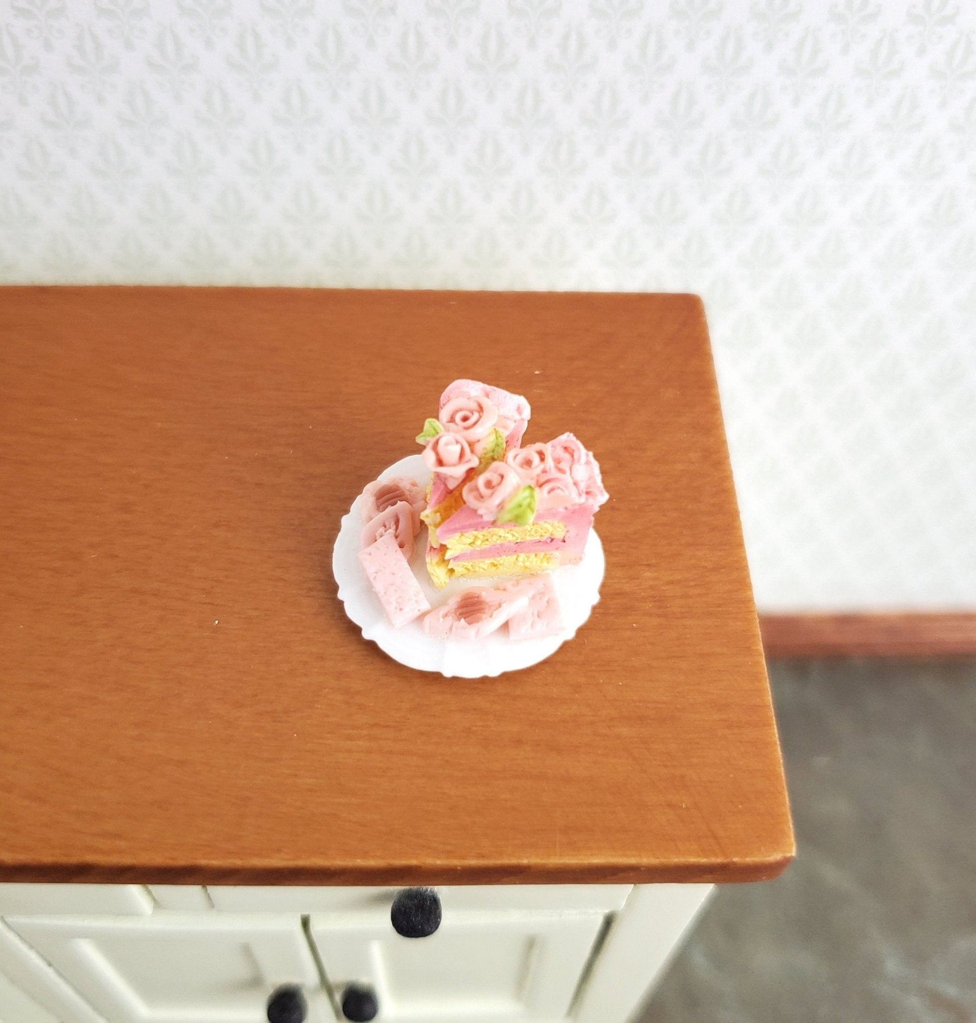 Dollhouse Pink Cake 2 Slices with Cookies on a Plate 1:12 Scale Dessert Food by Falcon - Miniature Crush