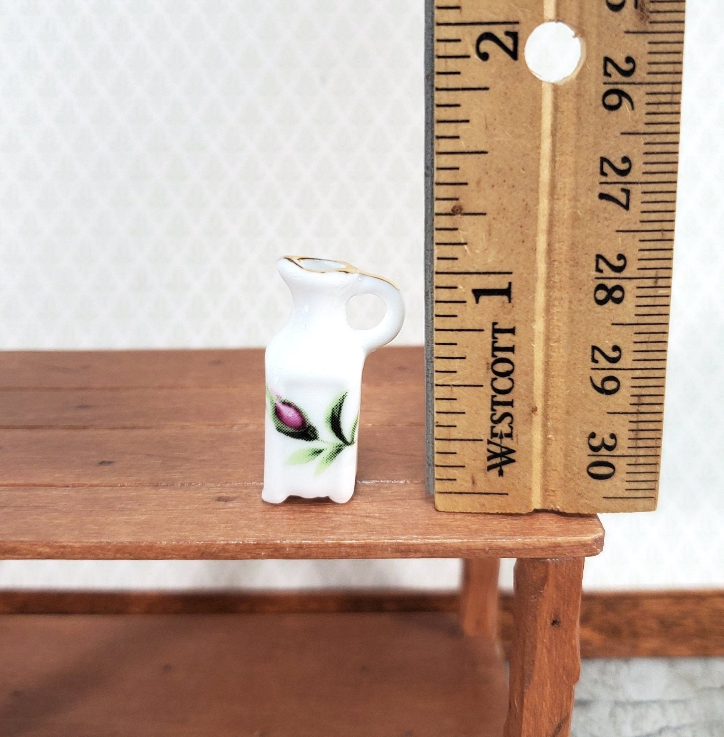 Dollhouse Pitcher with Handle White Floral with Gold Ceramic 1:12 Scale Miniature - Miniature Crush