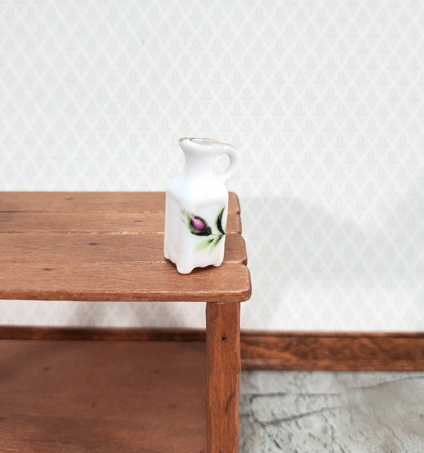 Dollhouse Pitcher with Handle White Floral with Gold Ceramic 1:12 Scale Miniature - Miniature Crush