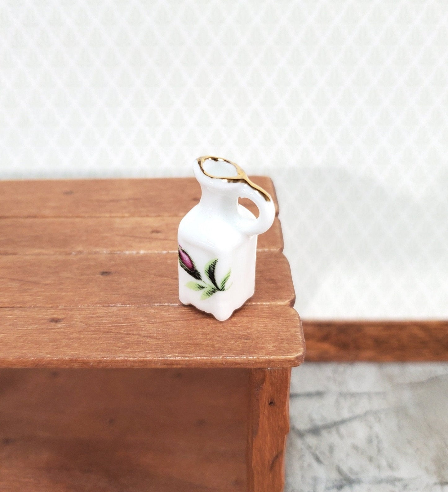 Dollhouse Pitcher with Handle White Floral with Gold Ceramic 1:12 Scale Miniature - Miniature Crush