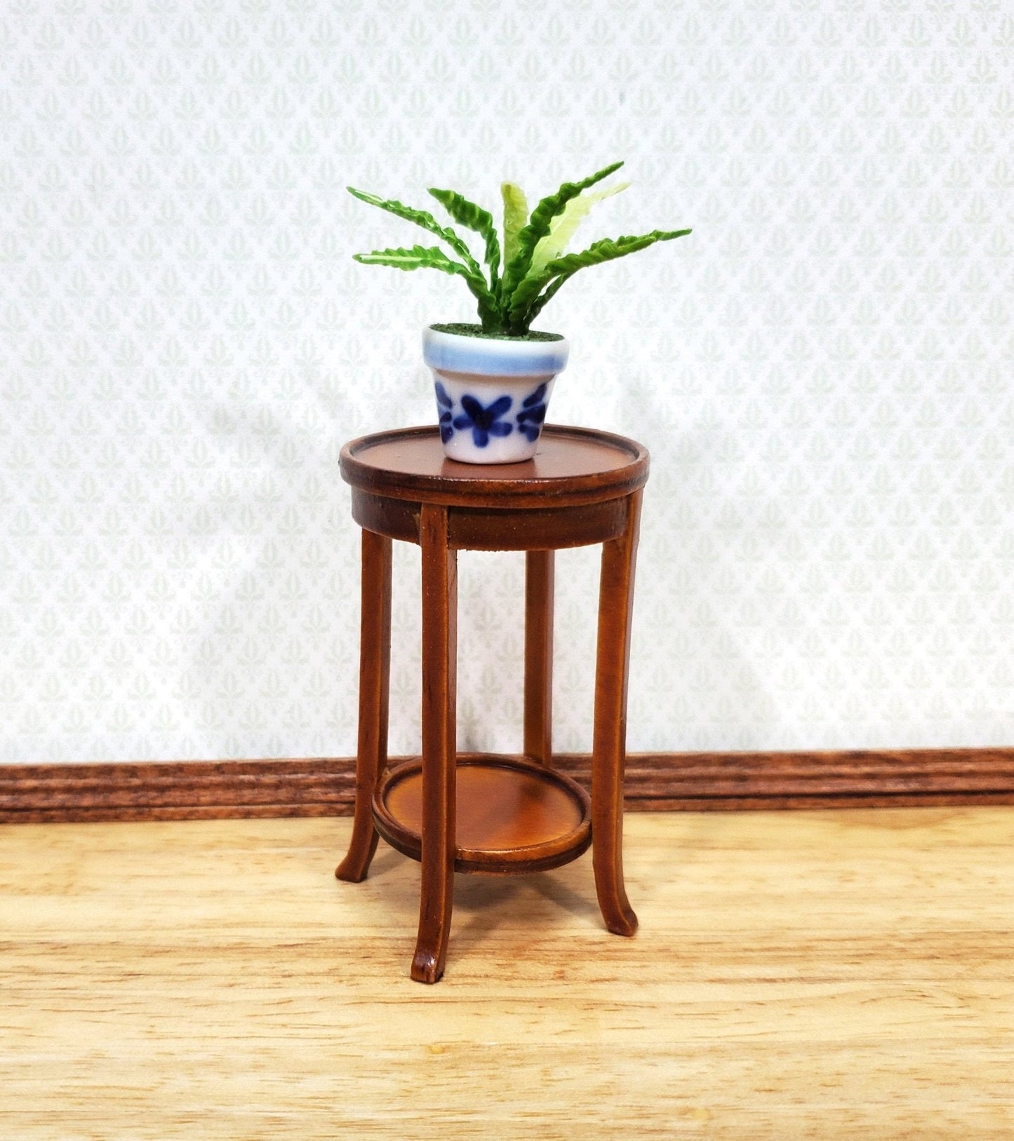 Dollhouse Plant Fern Stand Round Side Table Walnut Finish 1:12 Scale Furniture - Miniature Crush