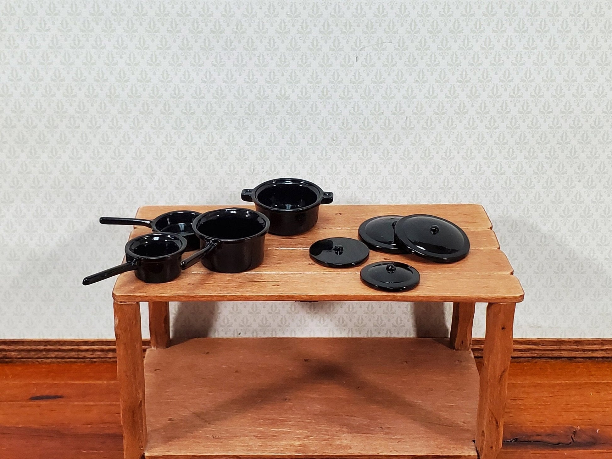 Dollhouse Pots & Pans with Lids BLACK Metal Stock Soup Saute 1:12 Scale Miniatures - Miniature Crush