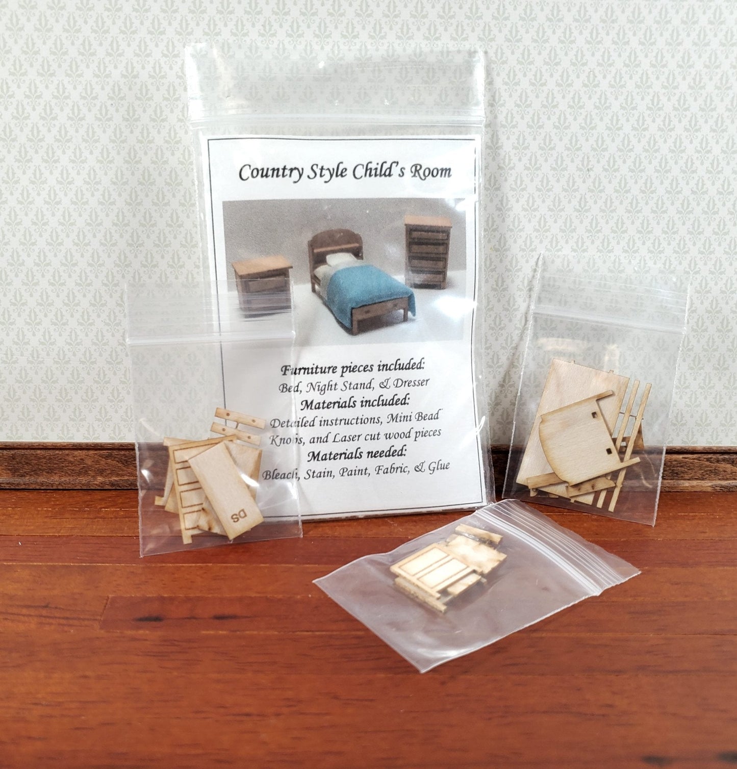 Dollhouse Quarter Scale Furniture KIT DIY Child's Bedroom Set Bed Dresser 1:48 - Miniature Crush