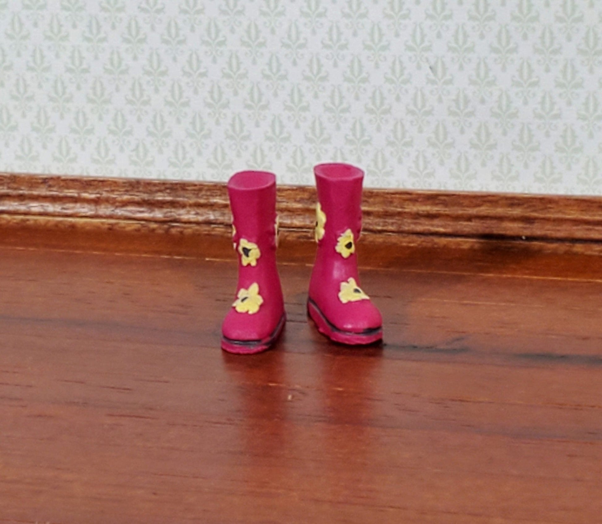 Dollhouse Rain Boots Wellies Pink with Flowers Resin 1:12 Scale Miniatures - Miniature Crush