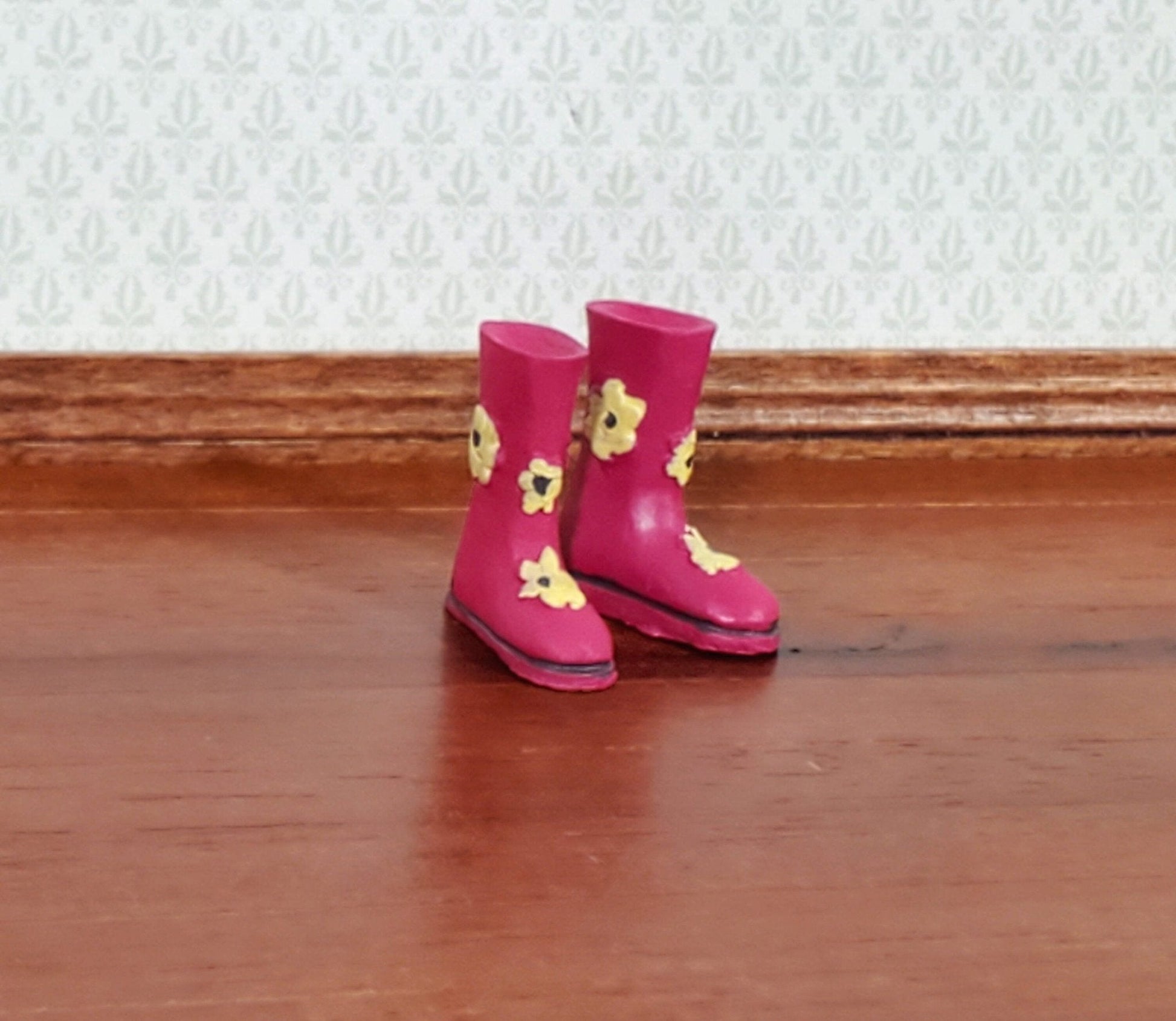 Dollhouse Rain Boots Wellies Pink with Flowers Resin 1:12 Scale Miniatures - Miniature Crush