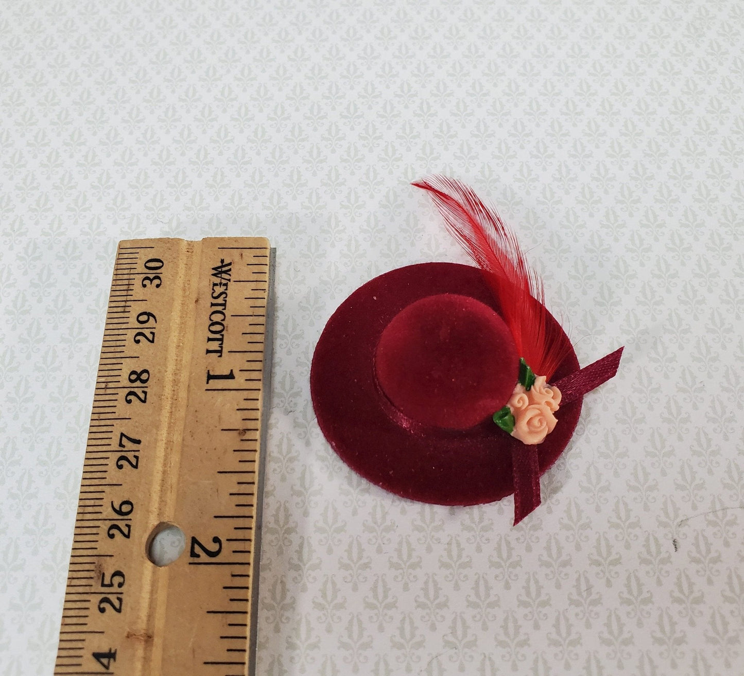 Dollhouse Red Velvet Hat with Feather & Flowers Wearable 1:12 Scale Miniature - Miniature Crush