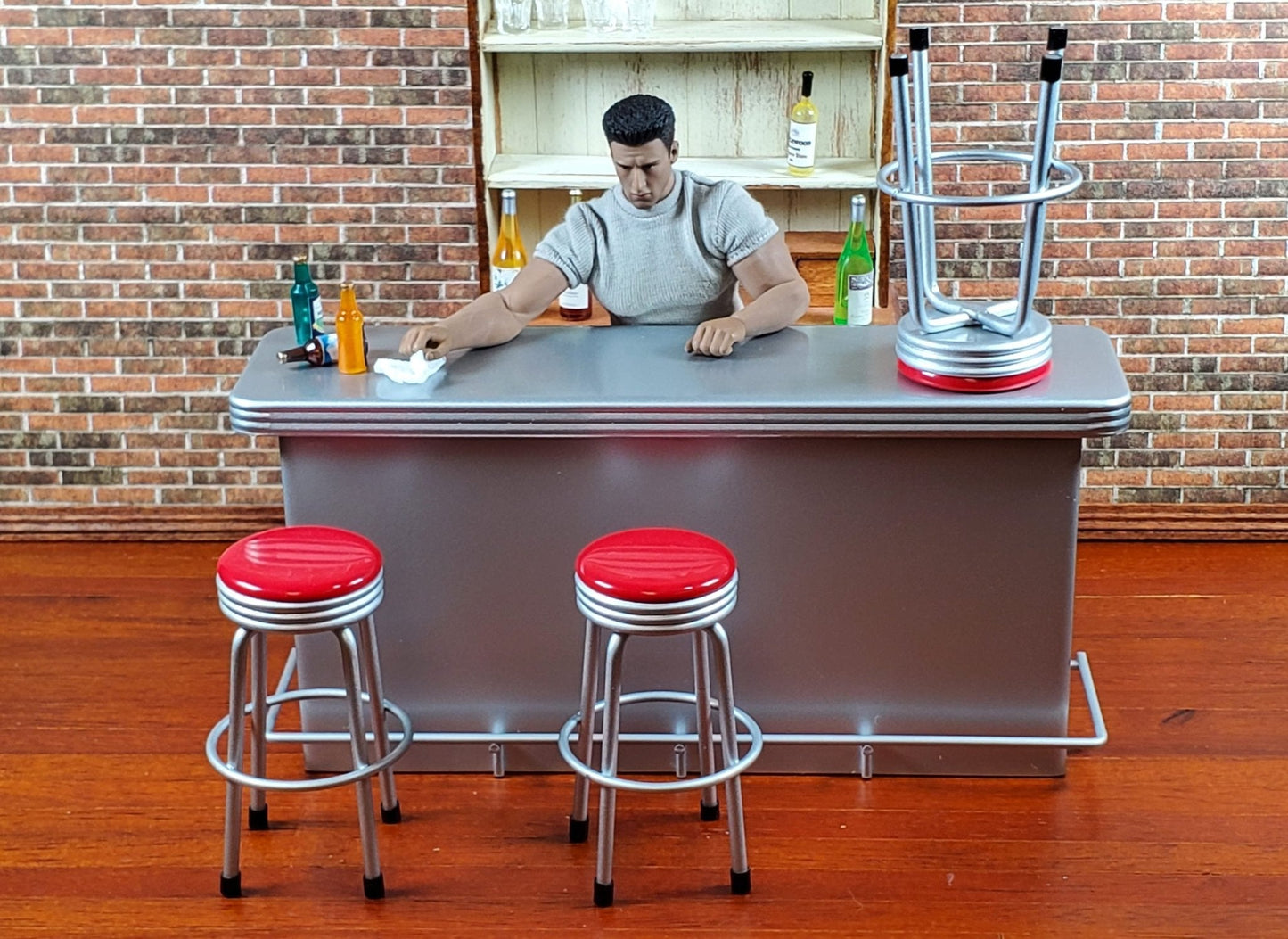 Dollhouse Retro Bar with 3 Red Stools 1950s Style 1:12 Scale Miniature Furniture - Miniature Crush
