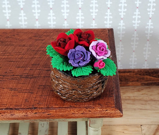 Dollhouse Roses in a Brown Basket Red Pink Purple Flowers 1:12 Scale Miniature - Miniature Crush