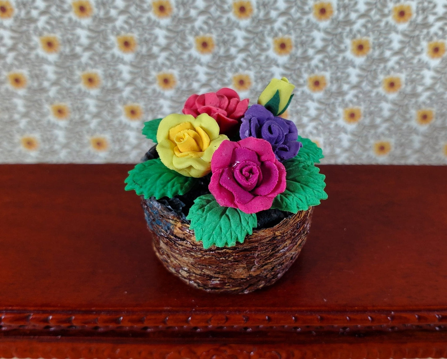 Dollhouse Roses in a Brown Basket Red Yellow Purple Flowers 1:12 Scale Miniature - Miniature Crush