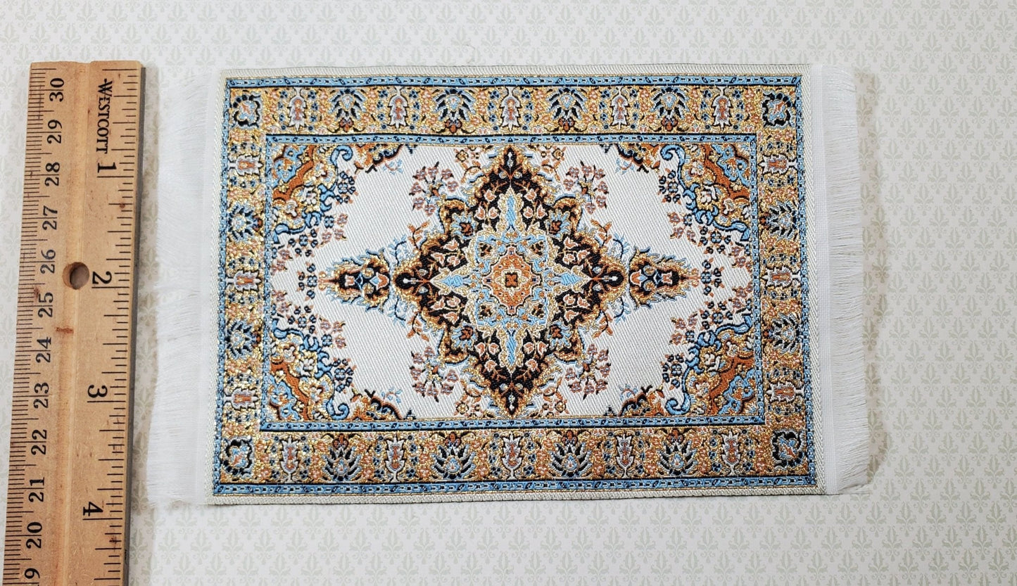 Dollhouse Rug Cream Gold Blue 6" x 4" Woven Fabric 1:12 Scale Miniature Carpet - Miniature Crush