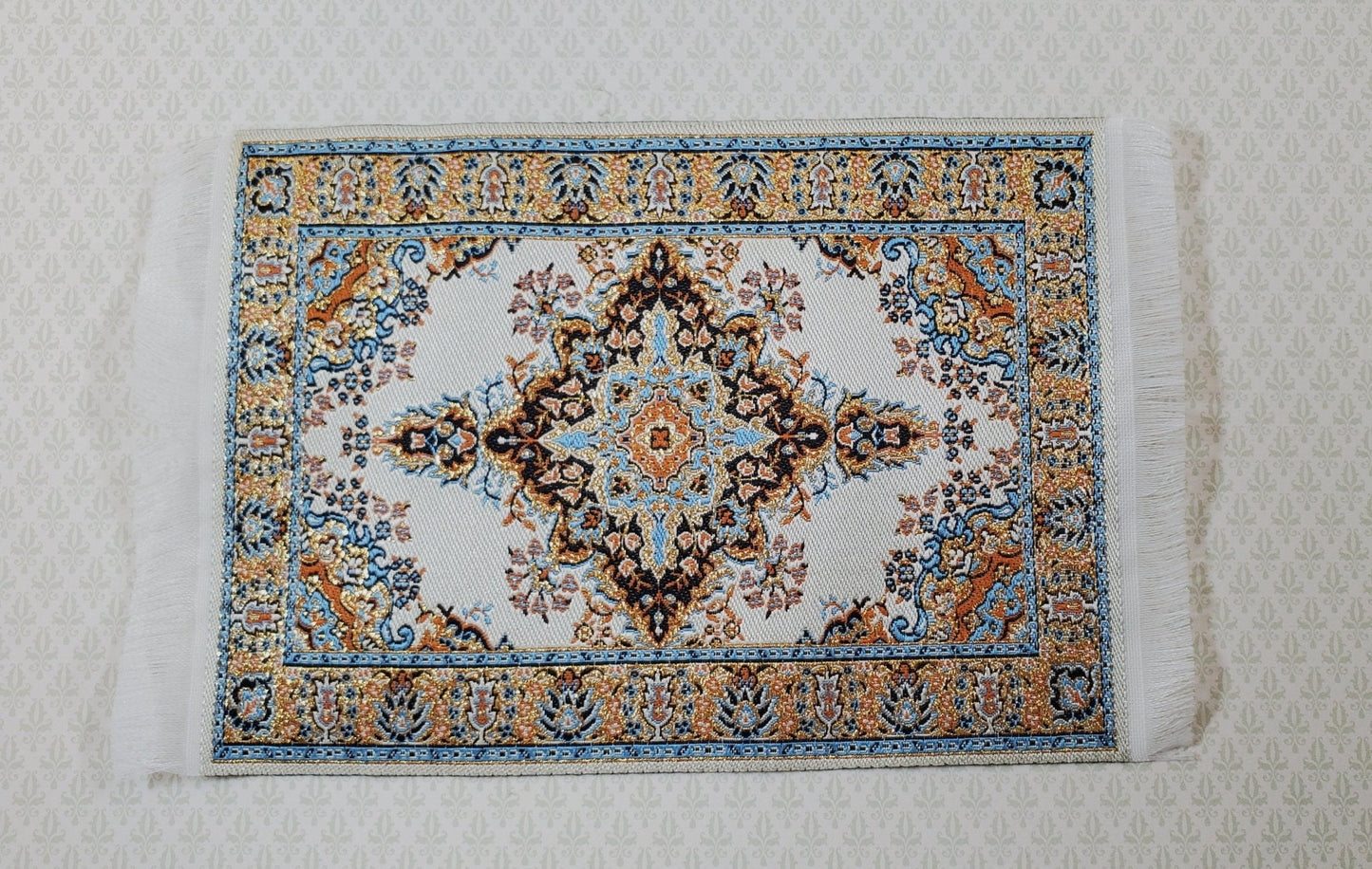Dollhouse Rug Cream Gold Blue 6" x 4" Woven Fabric 1:12 Scale Miniature Carpet - Miniature Crush
