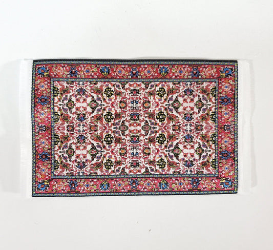 Dollhouse Rug Small Dark Pink White Green 6 1/4" x 3 3/4" with Fringe 1:12 Scale Miniature - Miniature Crush