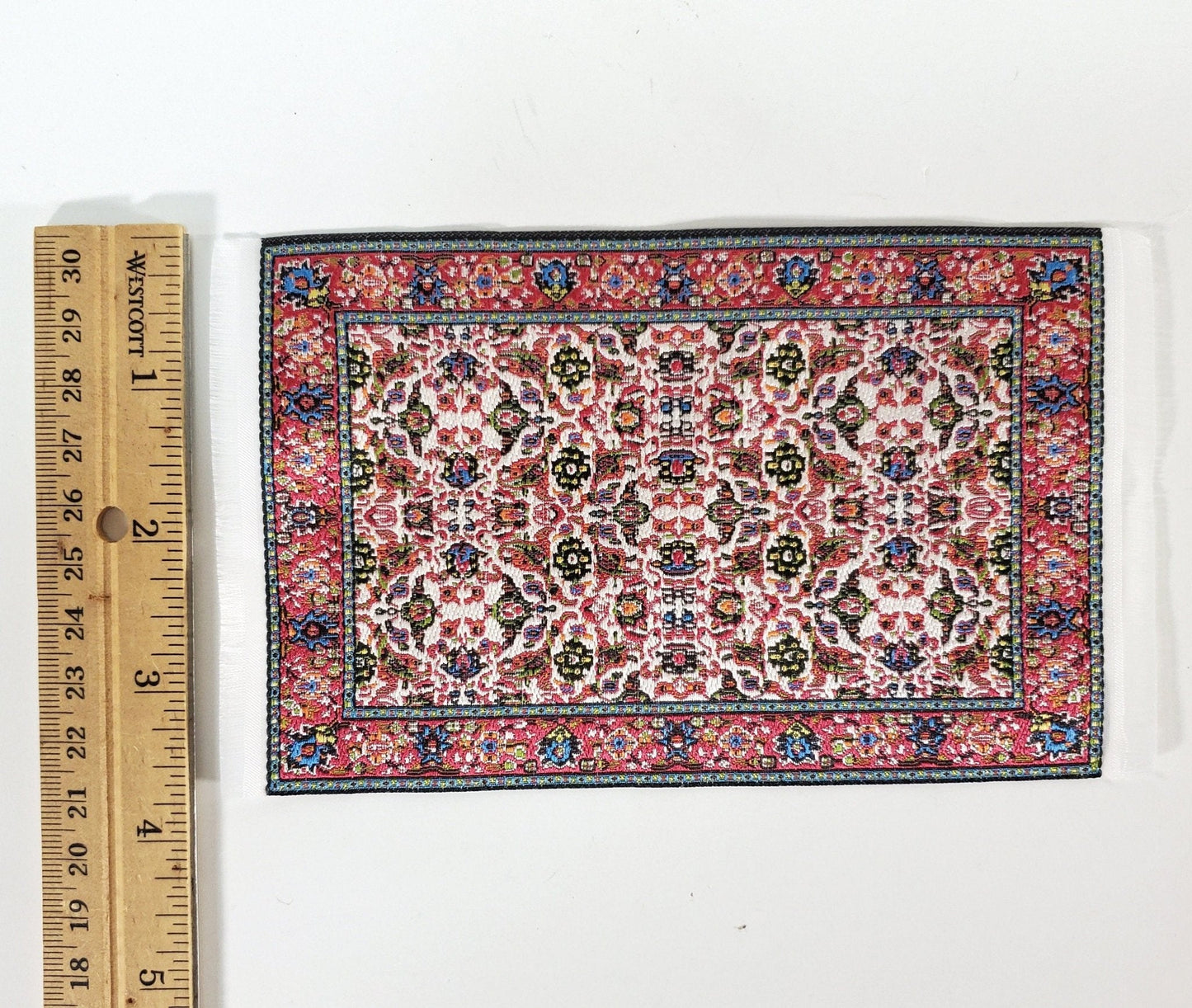 Dollhouse Rug Small Dark Pink White Green 6 1/4" x 3 3/4" with Fringe 1:12 Scale Miniature - Miniature Crush