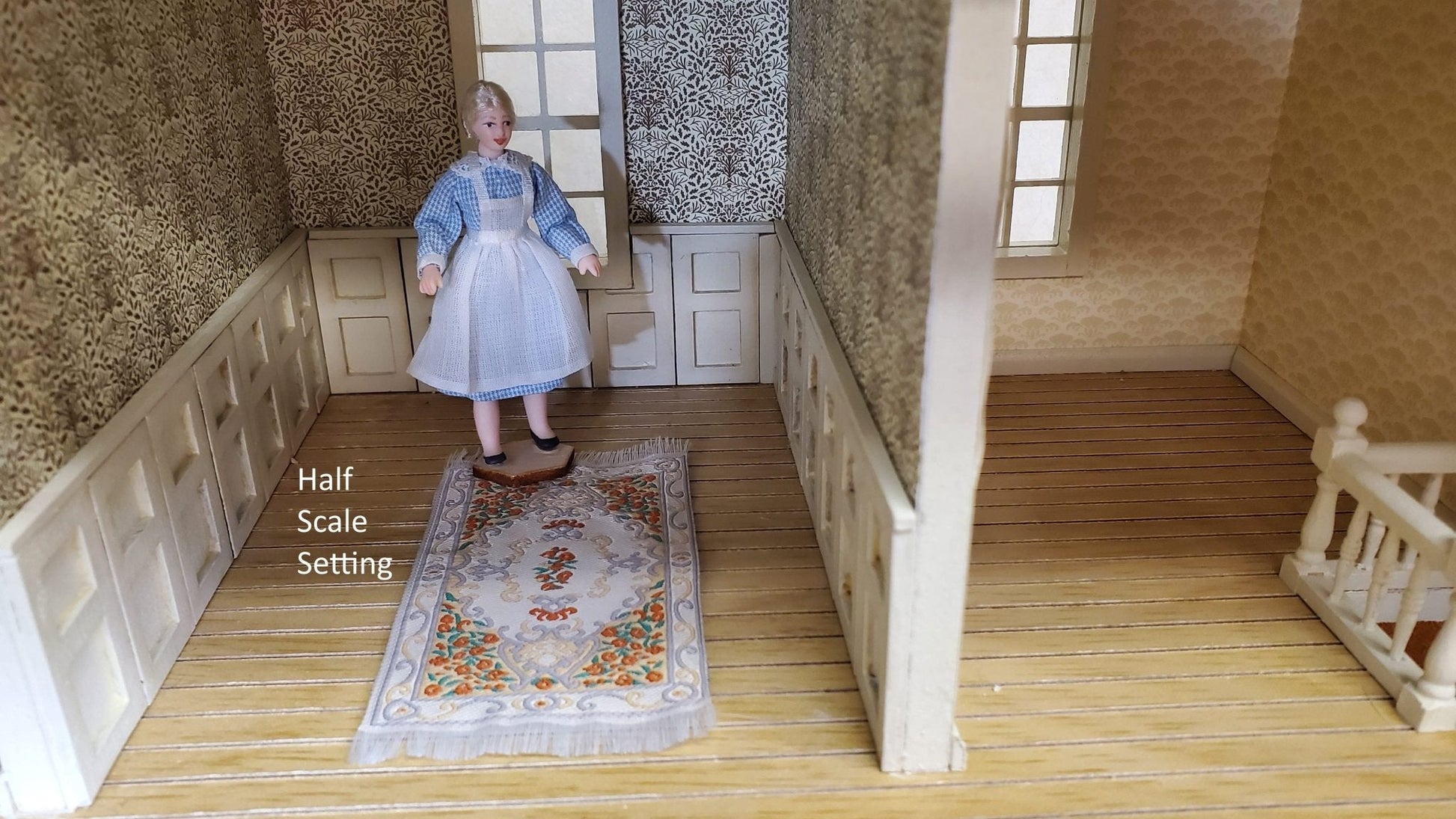 Dollhouse Rug Small HALF SCALE Cream Orange Gray 3.75" x 2" 1:24 Miniature - Miniature Crush