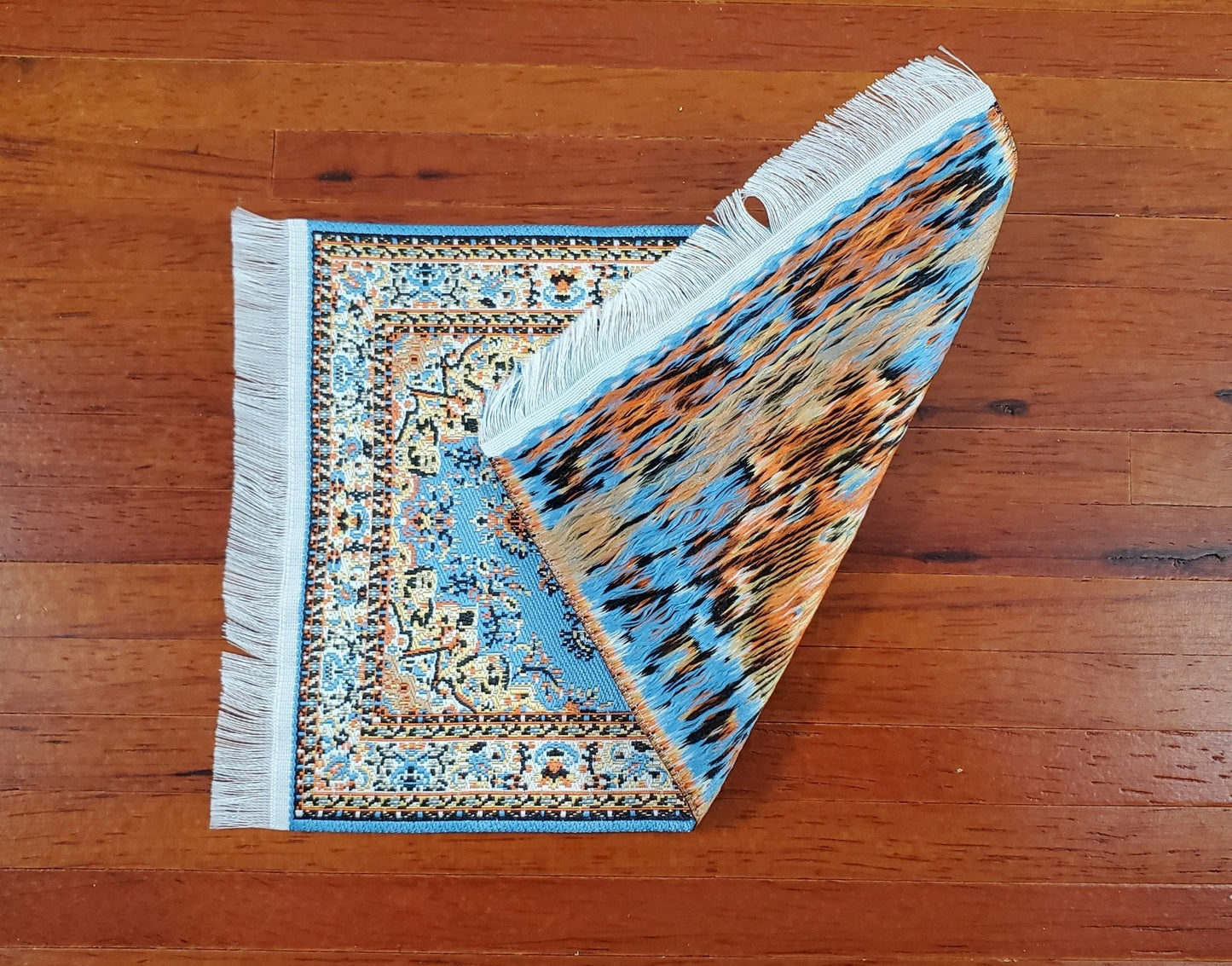 Dollhouse Rug with Fringe Blue and White Small Woven Fabric 1:12 Scale - Miniature Crush