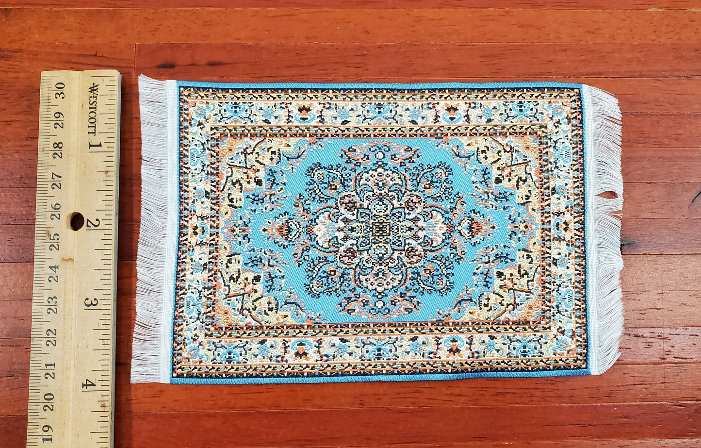 Dollhouse Rug with Fringe Blue and White Small Woven Fabric 1:12 Scale - Miniature Crush