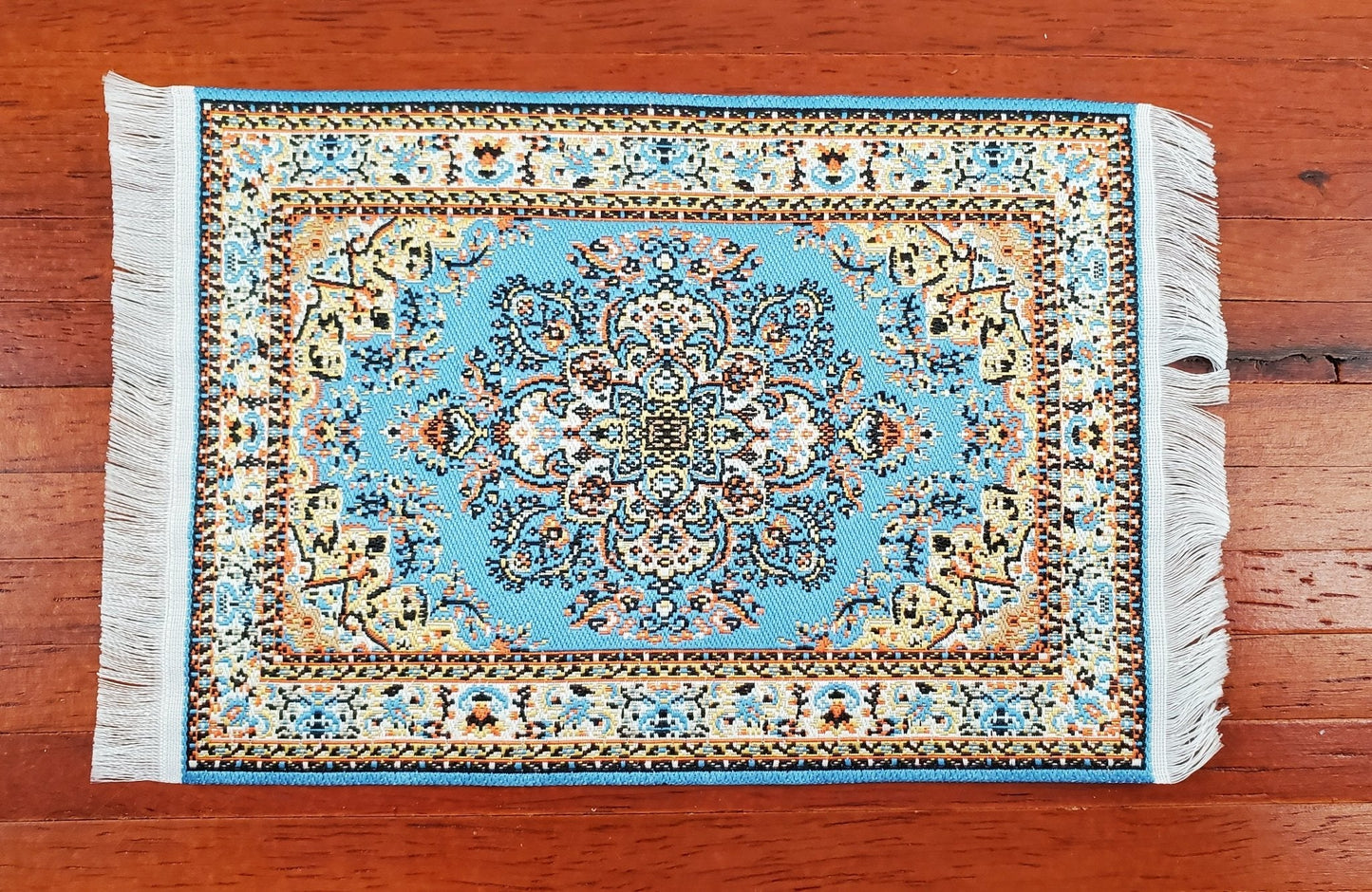 Dollhouse Rug with Fringe Blue and White Small Woven Fabric 1:12 Scale - Miniature Crush