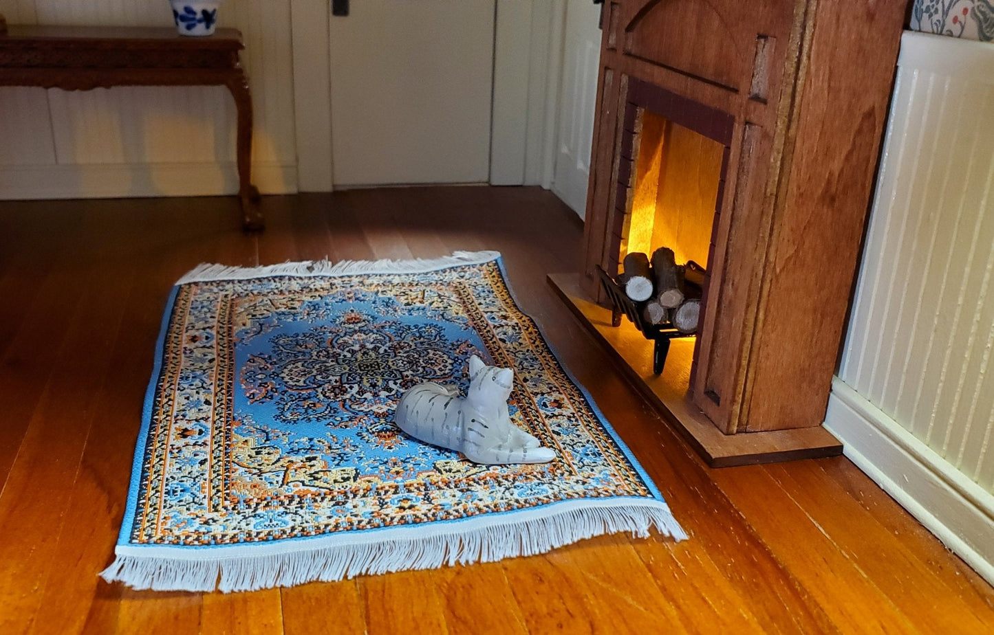 Dollhouse Rug with Fringe Blue and White Small Woven Fabric 1:12 Scale - Miniature Crush