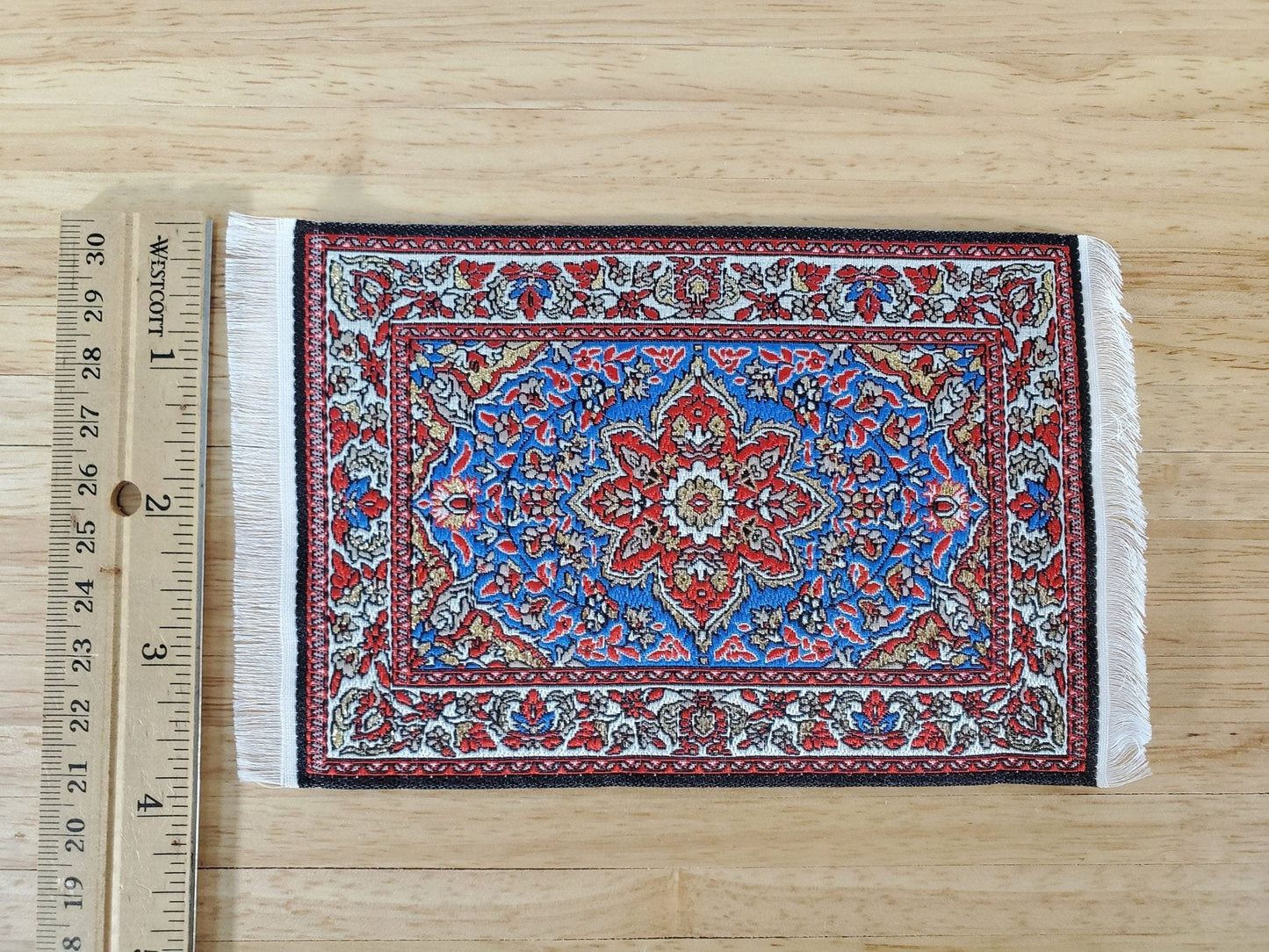 Dollhouse Rug with Fringe Blue Red Gold 6" x 4" Woven Fabric 1:12 Scale Miniature - Miniature Crush