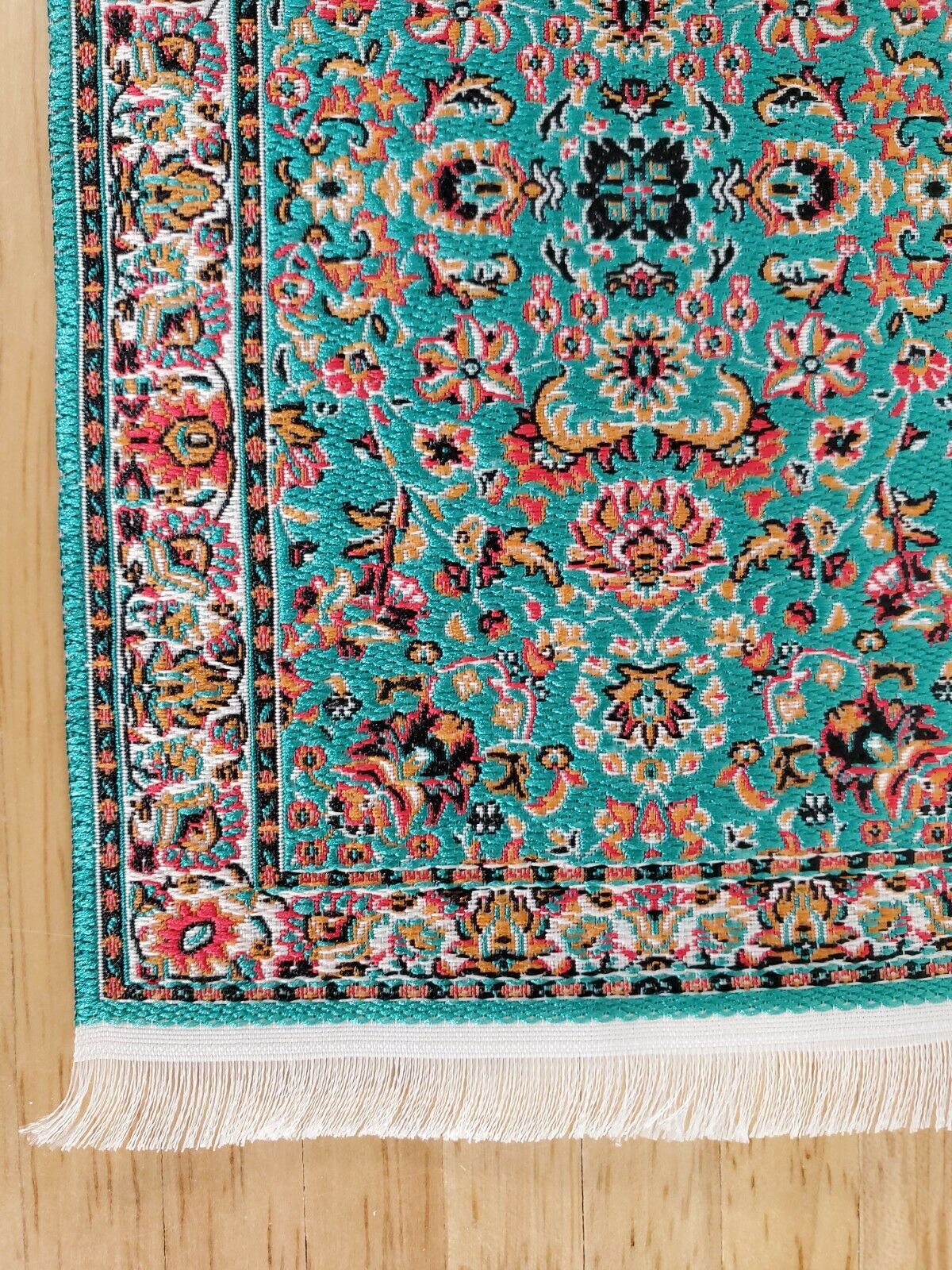 Dollhouse Rug with Fringe Green Rust 6" x 4" Woven Fabric 1:12 Scale Miniature - Miniature Crush