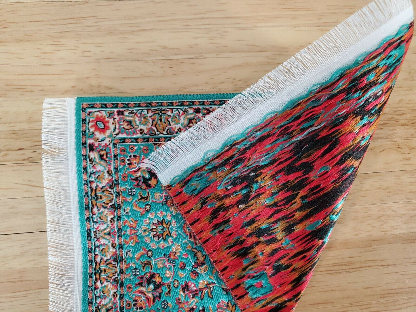 Dollhouse Rug with Fringe Green Rust 6" x 4" Woven Fabric 1:12 Scale Miniature - Miniature Crush