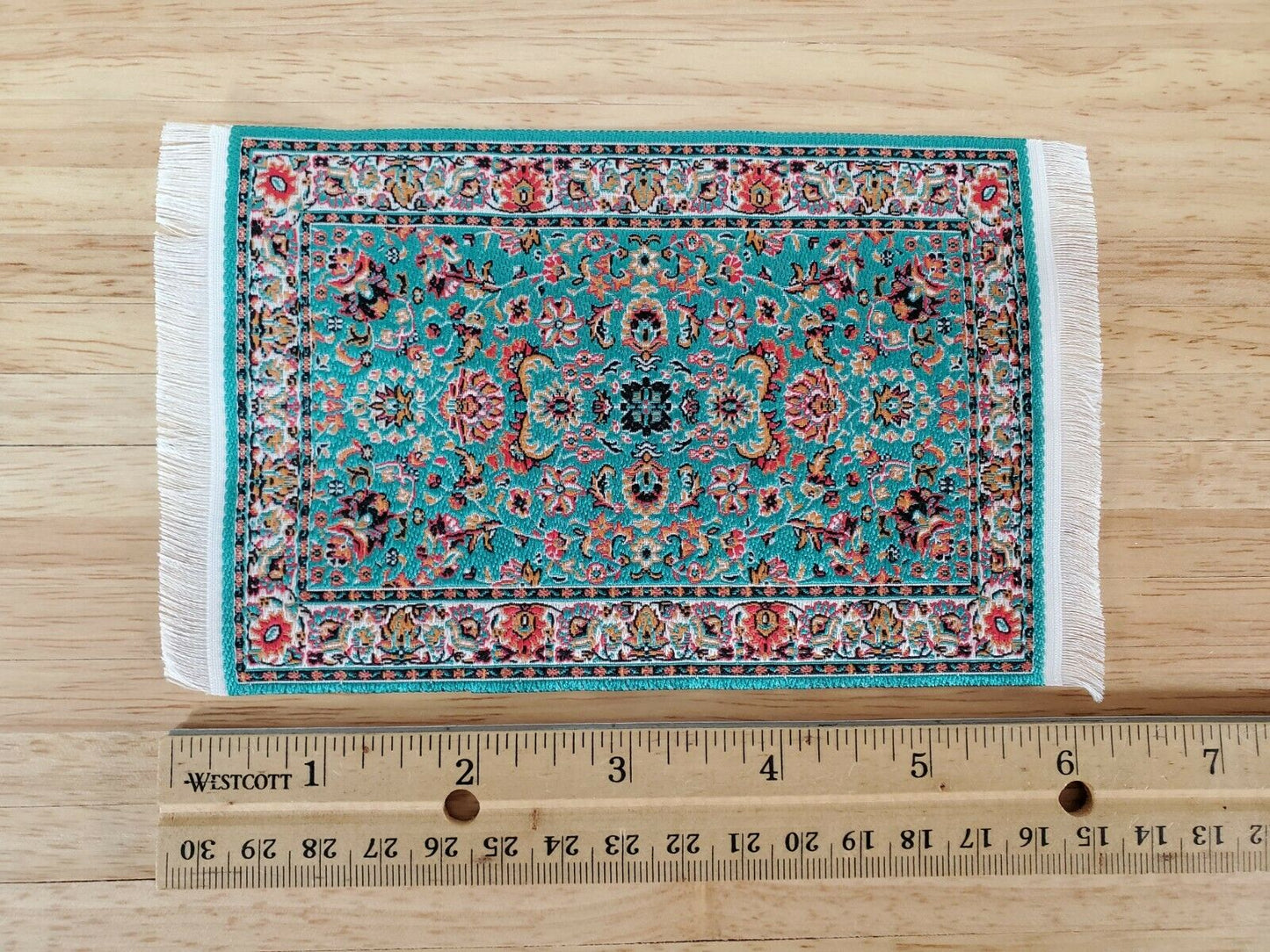 Dollhouse Rug with Fringe Green Rust 6" x 4" Woven Fabric 1:12 Scale Miniature - Miniature Crush
