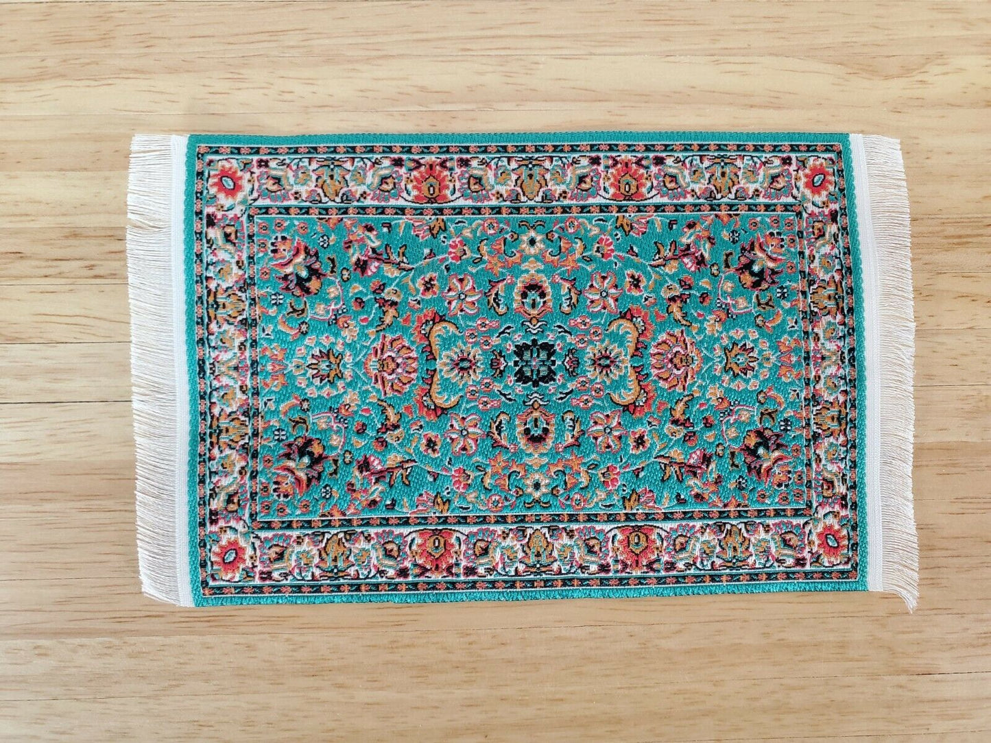 Dollhouse Rug with Fringe Green Rust 6" x 4" Woven Fabric 1:12 Scale Miniature - Miniature Crush
