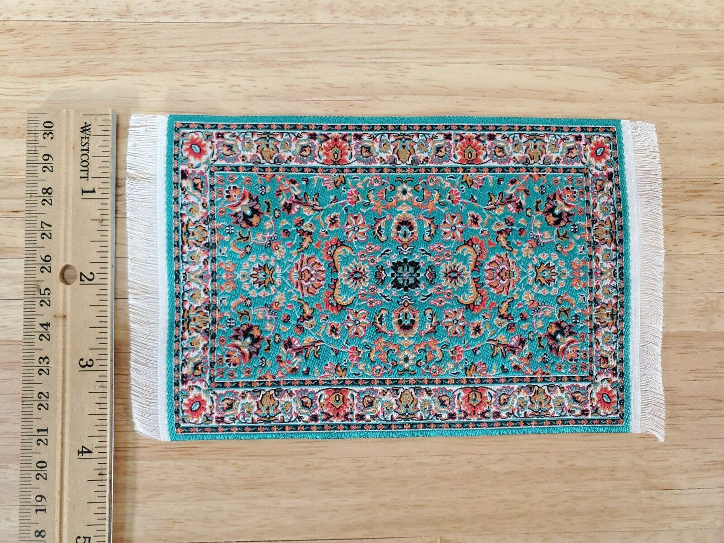 Dollhouse Rug with Fringe Green Rust 6" x 4" Woven Fabric 1:12 Scale Miniature - Miniature Crush
