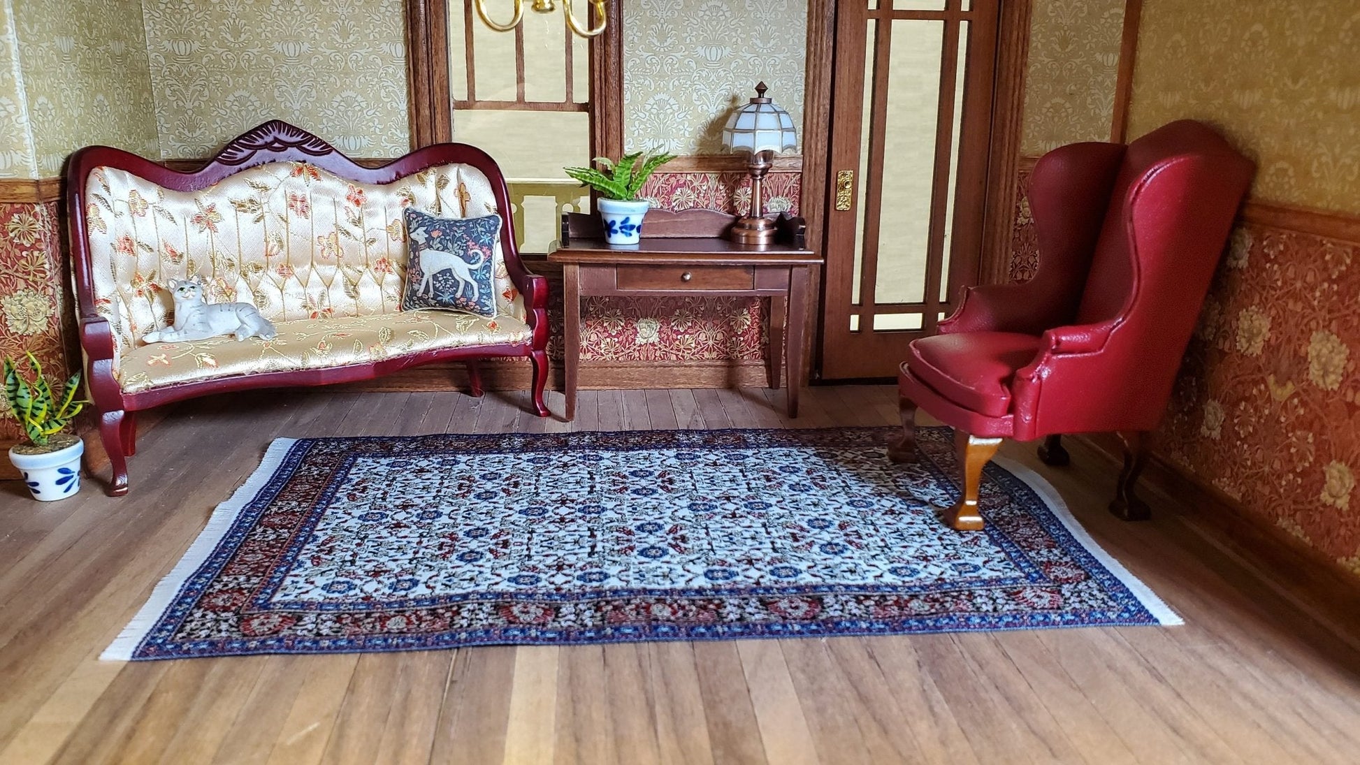 Dollhouse Rug Woven Fabric Large Blue Red 9 1/4" x 5 3/4" 1:12 Scale Miniature - Miniature Crush