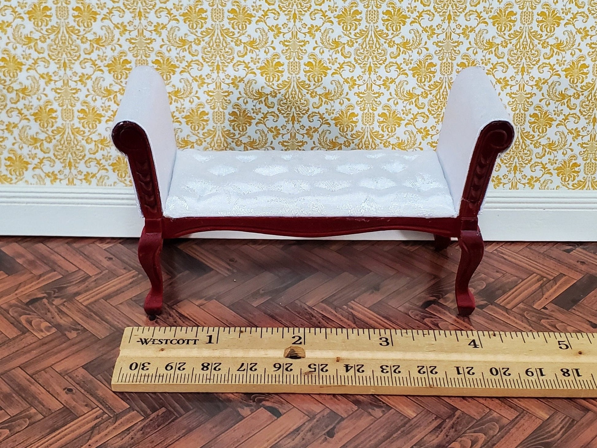 Dollhouse Settee Bench White Padded Tufted 1:12 Scale Miniature Furniture Mahogany Finish - Miniature Crush