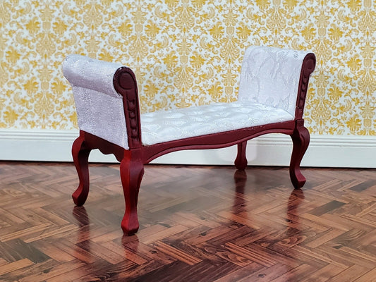 Dollhouse Settee Bench White Padded Tufted 1:12 Scale Miniature Furniture Mahogany Finish - Miniature Crush
