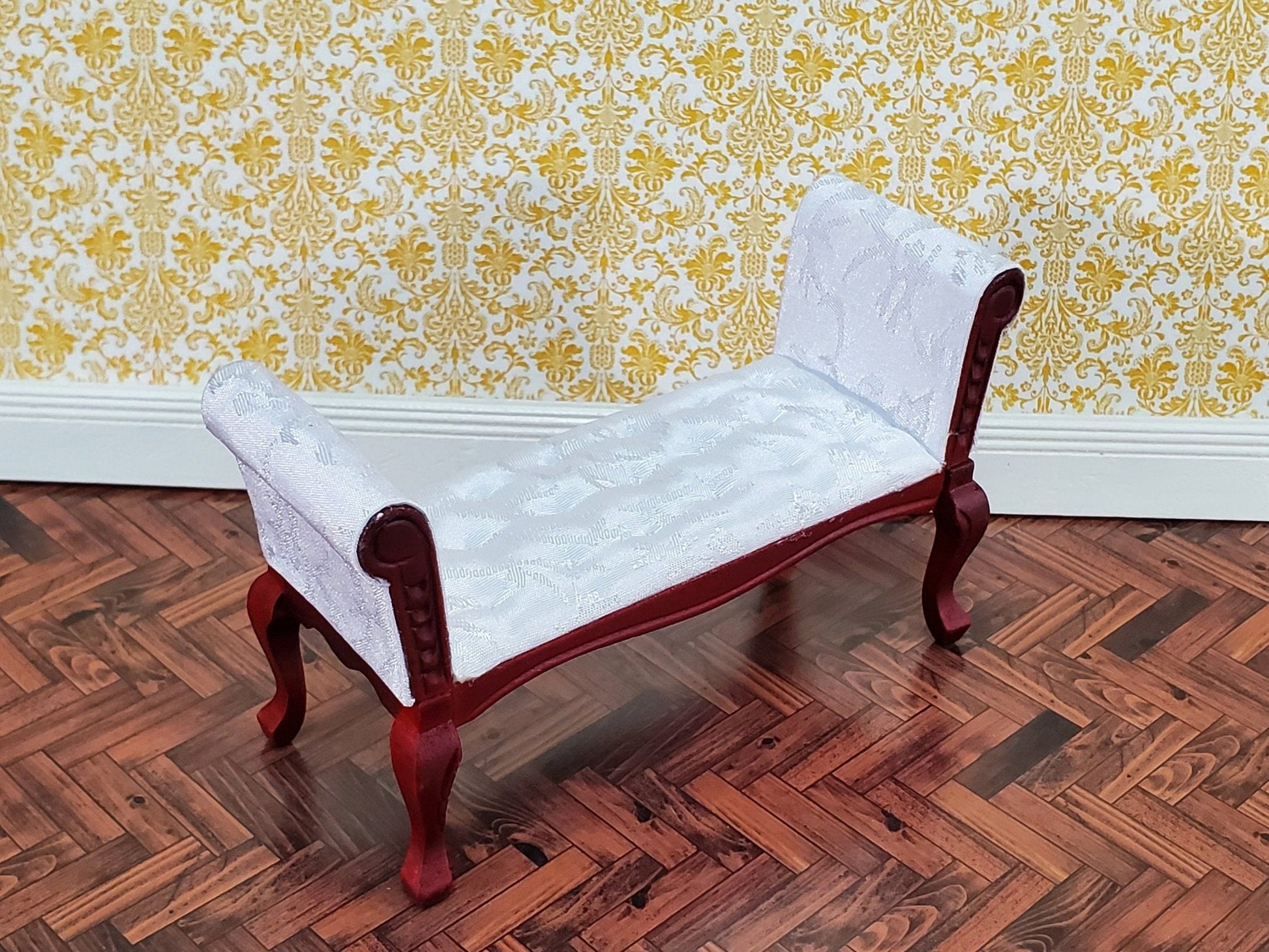 Dollhouse Settee Bench White Padded Tufted 1:12 Scale Miniature Furniture Mahogany Finish - Miniature Crush